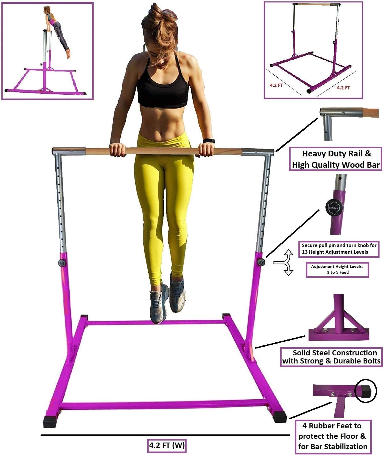 Gymnastics Kip Bar Horizontal Bar Professional Junior Gymnastic Training High Bar Asymmetric Bar 13 Level Height Adjustable Expandable 3 to 5 FT Indoor Outdoor Use (Purple)
