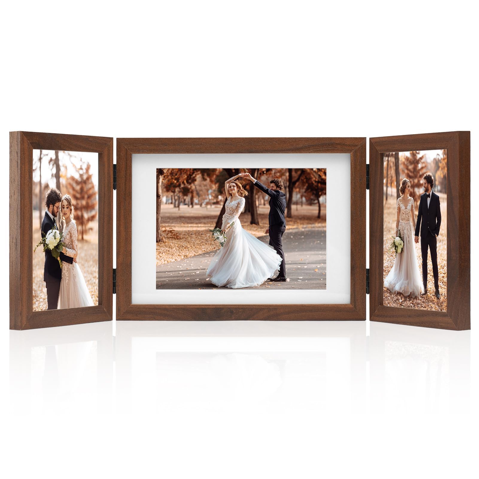 Hinged 3 Picture Frame 4x6 & 5x7 Folding Collage Photo Frames Multiple Wooden Desk Picture Frames with Mat for Office Tabletop or Wall Decor, Brown