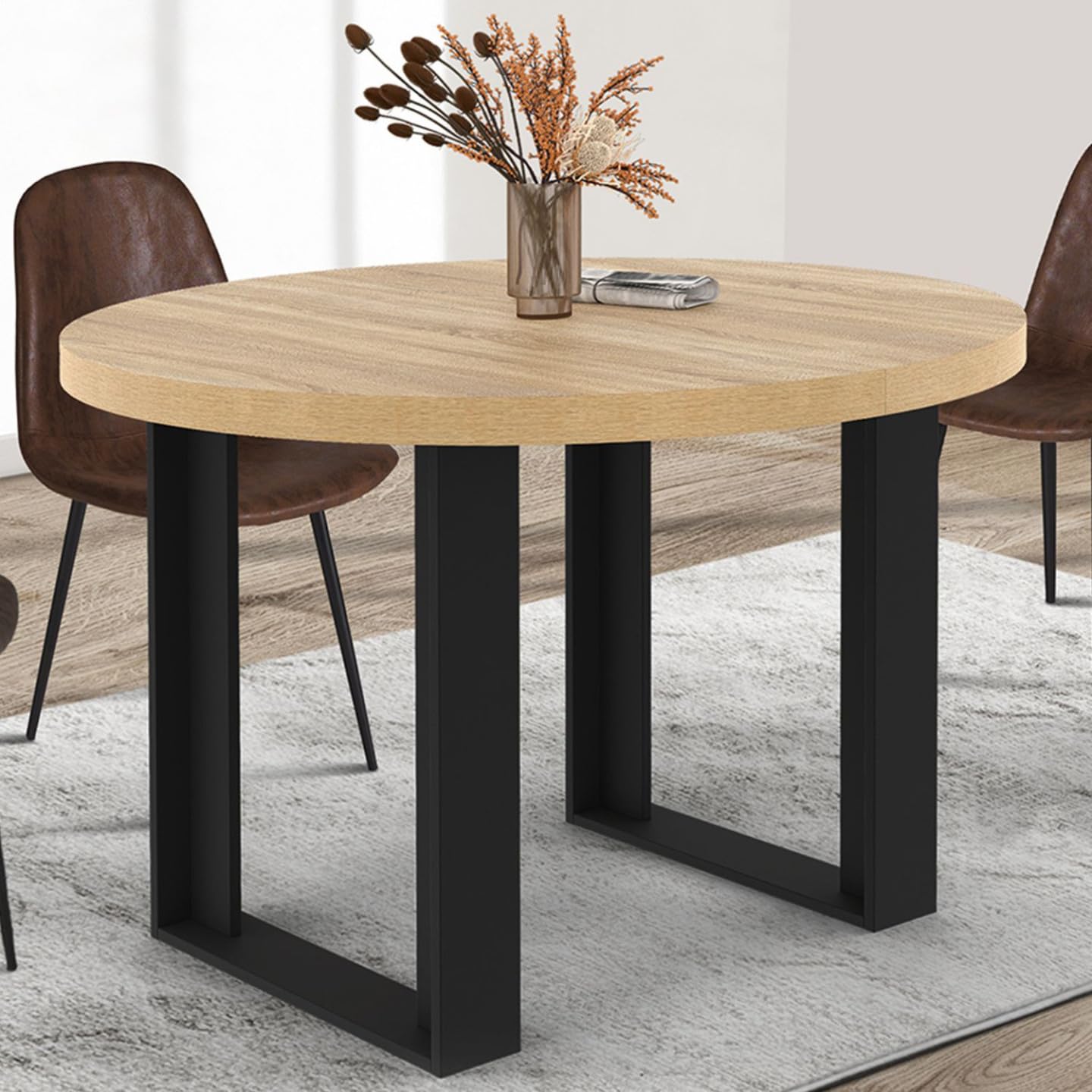IDMarket Phoenix - Mesa de comedor fija redonda (110 cm, madera y negro, 4 personas)