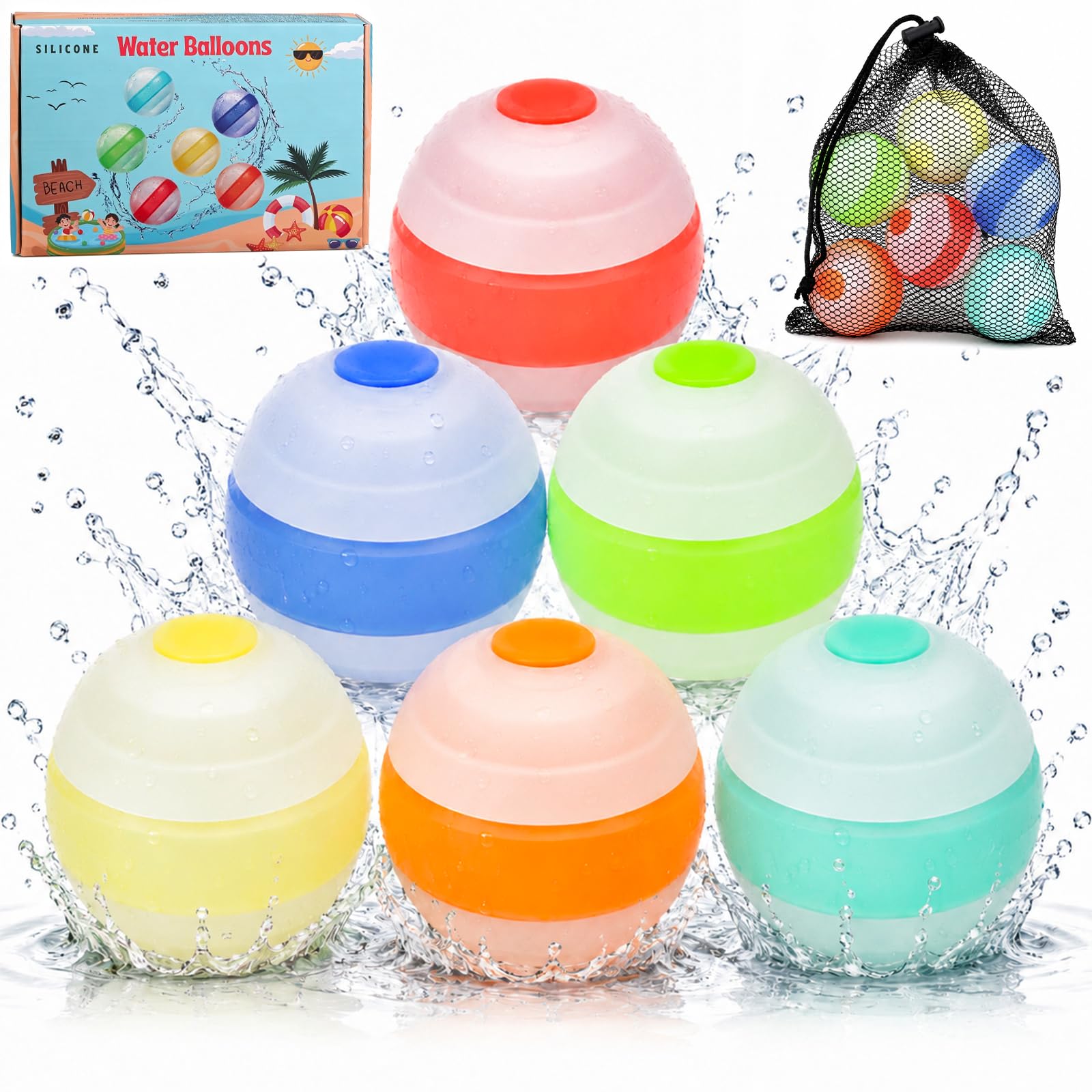 Wasserbomben Wiederverwendbar mit Mesh Tasche,Selbstschließend und Schnell Wiederbefüllbare Silikon Wasserbomben für Kinder, Erwachsene, Wasserschlachten,Strand, Poolparty