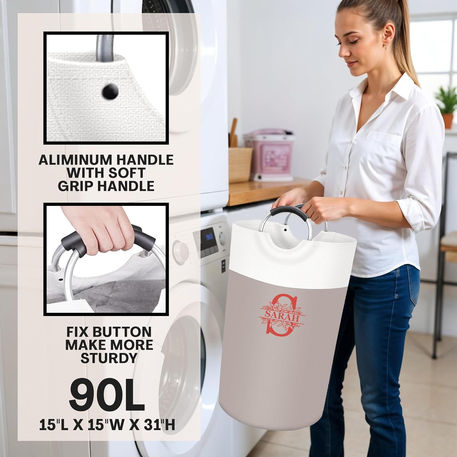 Personalized Laundry Basket, Custom Travel Laundry Hamper, Collapsible Baskets for College Dorm, Dirty Clothes Hamper, Waterproof Extra Large Storage Bag with Handles with Name 90L- Beige