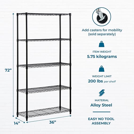 Honey-Can-Do 5-Tier Black Wire Shelf, NSF, 200 lb/Shelf, 36x14x72 in | 1,000 lb total; NSF-certified for commercial kitchens; rust-resistant black powder coat; tool-free assembly