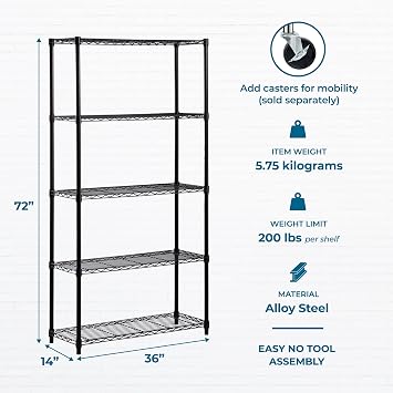 Honey-Can-Do 5-Tier Black Wire Shelf, NSF, 200 lb/Shelf, 36x14x72 in | 1,000 lb total; NSF-certified for commercial kitchens; rust-resistant black powder coat; tool-free assembly