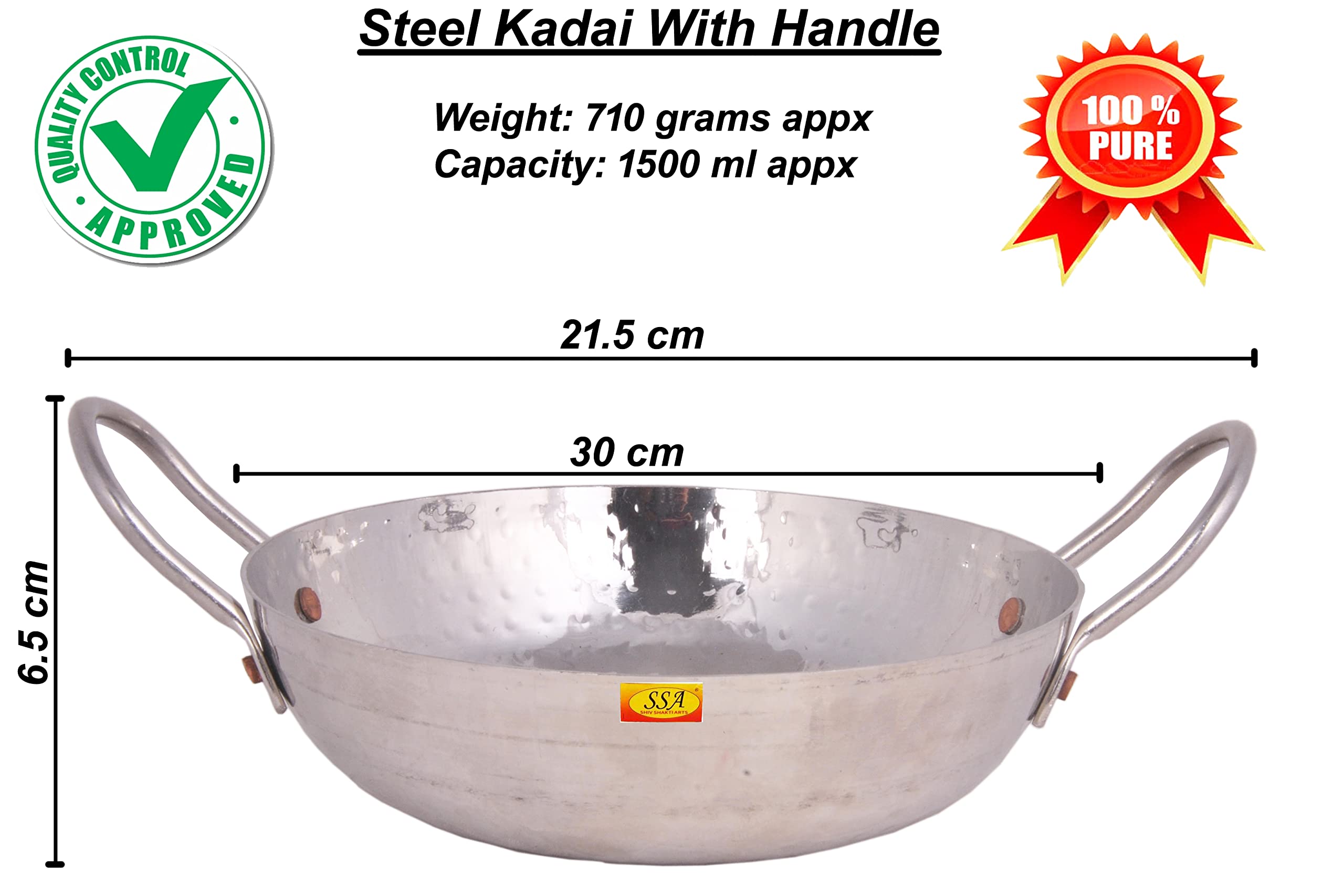 Shiv Shakti Arts® Multi Utility - Heavy Gauge - Stainless Steel Kadhai with Riveted Handle for Serving & Cooking Food in Home, Hotles & Resturants(No.10 | 1500 ml - Hammer Design)