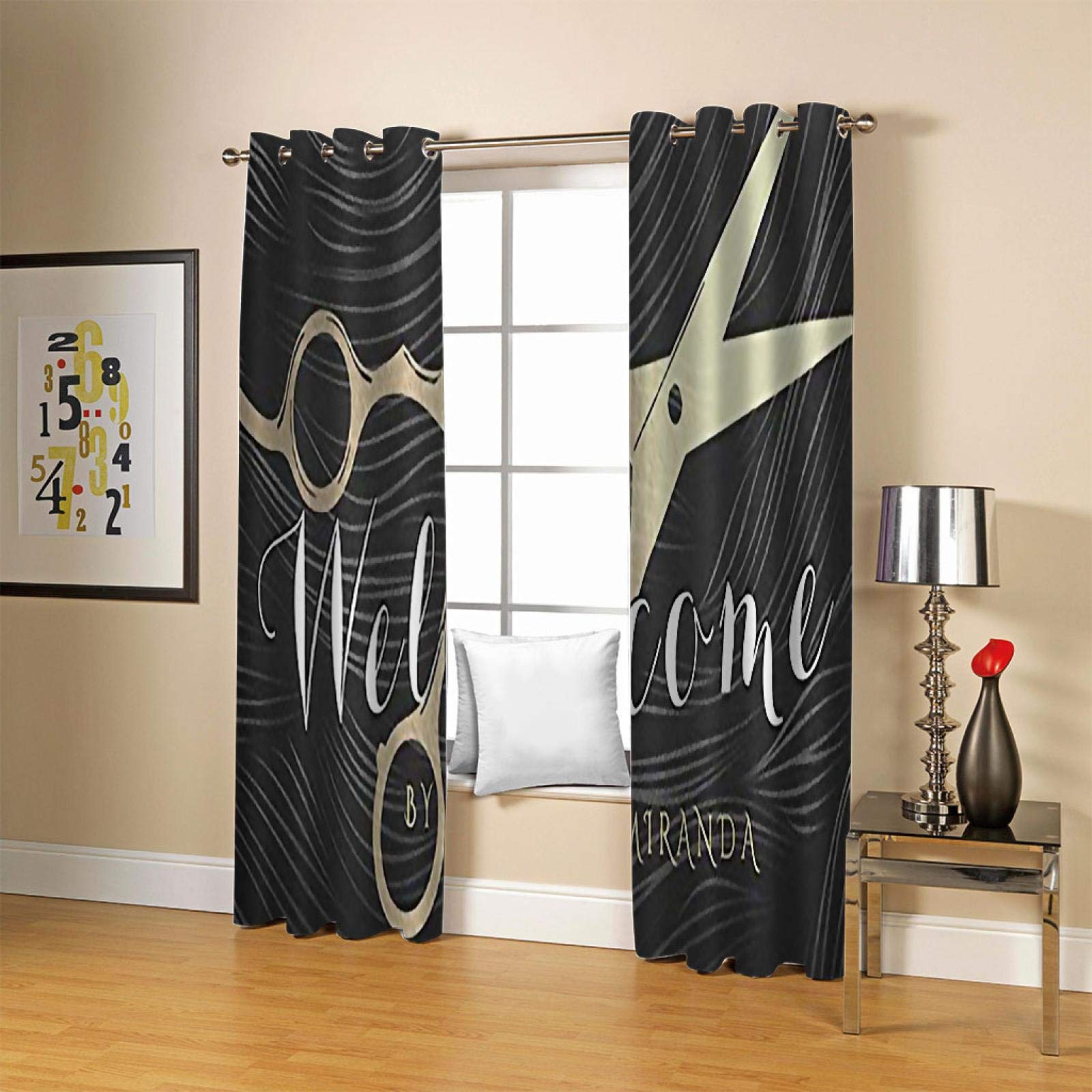 Rideau Occultant À Oeillets 3D Ciseaux De Coiffure Motif Salon Isolant Thermique Rideaux Grande Largeur Rideau Chambre Décoration De Fenêtre pour Enfant Adulte 150X270cm 2 Pièces