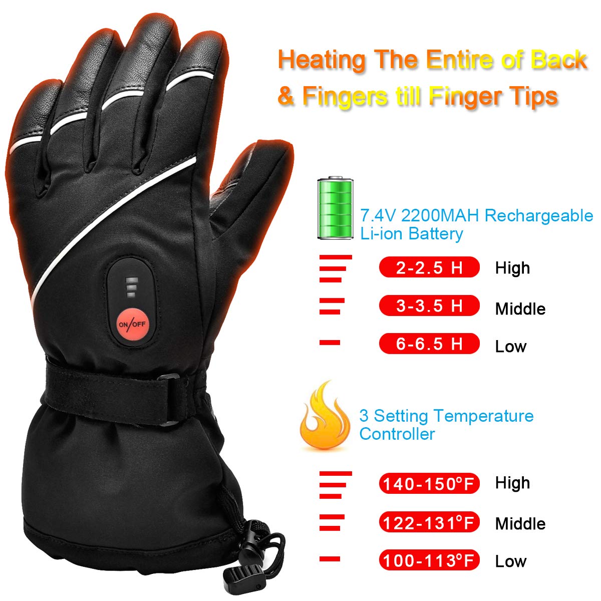 SNOW DEER - Guantes calefactores, con Pilas Recargables, eléctricas, para Hombres, Mujeres, Calentadores de Manos con Pilas Recargables de 7,4 V, 2200 mAh, para esquí, Bicicleta, Motocicleta, Guantes