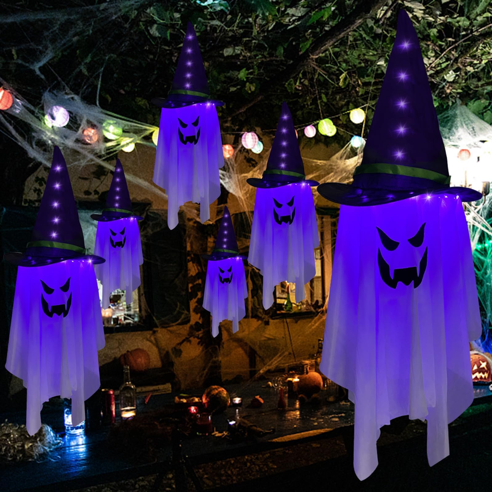 Jsdoin Halloween Decorations Hanging Ghost Lighted Flying Ghost Grim Reaper Skull Chains Glowing Ghost White Ghost Wizard Hat for Garden Yard Halloween Party Tree Door Lawn Party Supplies
