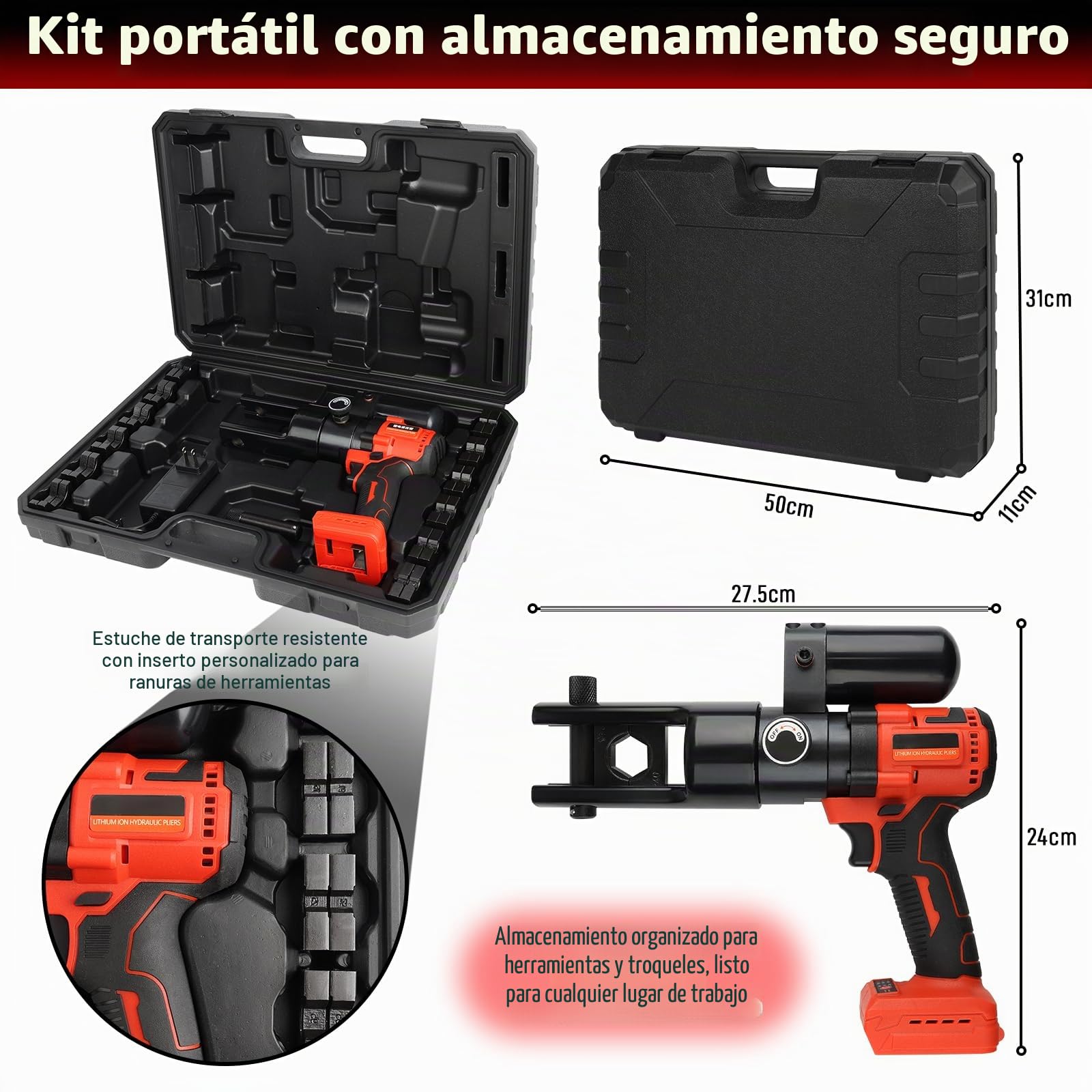 Crimpadora hidráulica eléctrica, herramienta de prensa con batería, herramienta de crimpado eléctrica con 12 matrices y estuche, para 10-300 mm² de terminales de cable de cobre y aluminio, Compatible