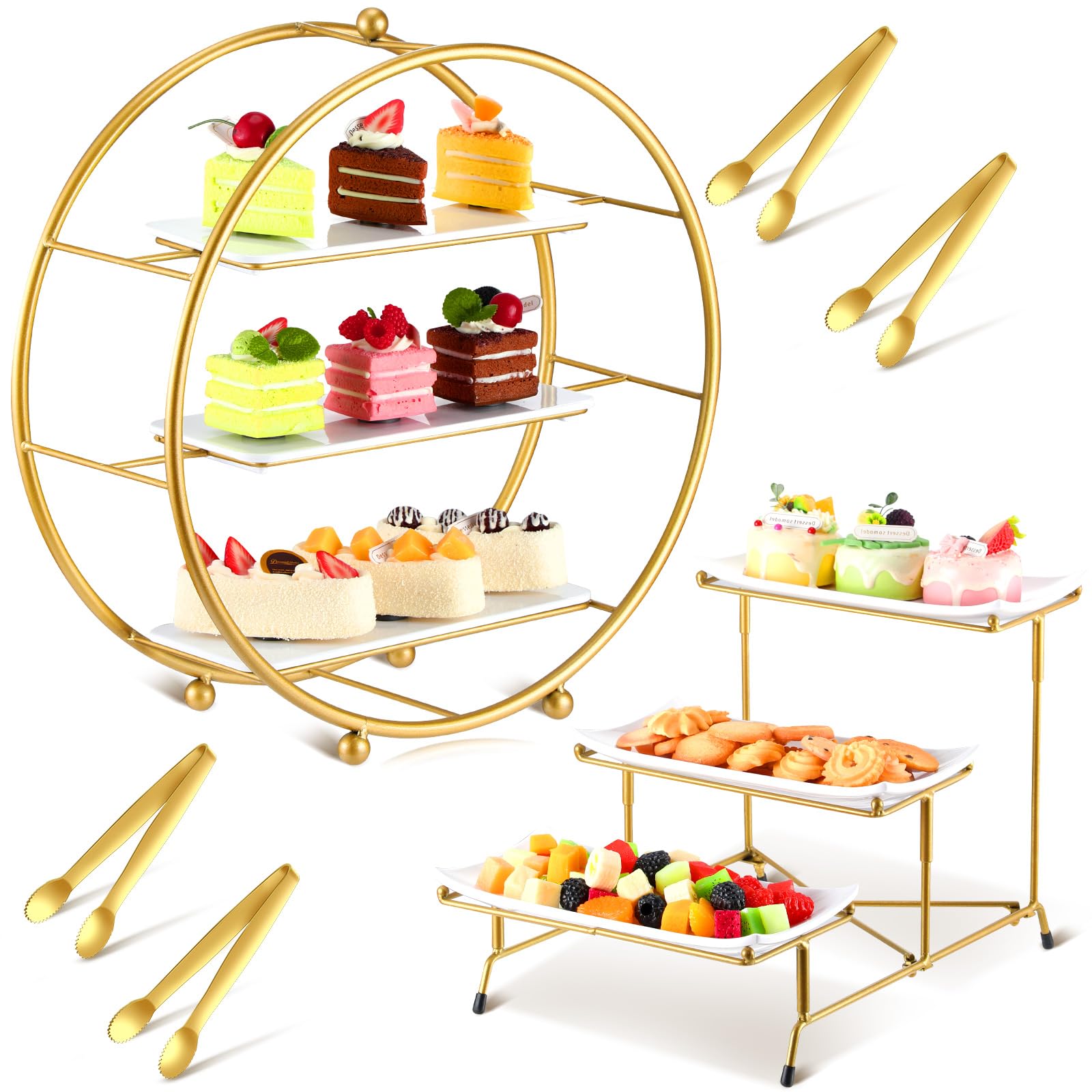 Suclain 3 Tier Serving Stand and Platters Set 2 Pcs Gold Metal Tiered Cupcake Stand 6 Pcs Melamine White Rectangular Plate 4 Pcs Gold Food Clip Collapsible Dessert Stand Cupcake Holder for Party