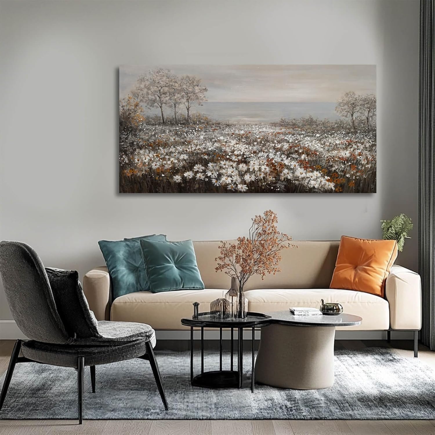 GAIDUOMAI Farmhouse Decor Tree and Ocean Wall Art White Flowers Vintage Artwork 24"x48" Grey Pictures Wall Decor for Dining Room Bedroom Office