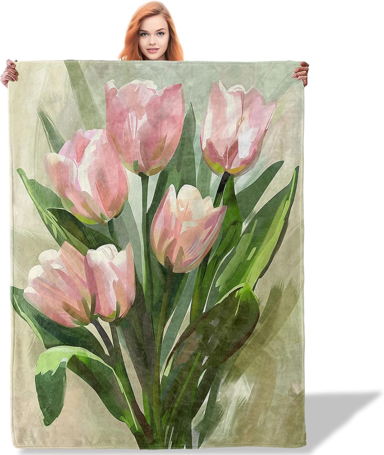 Pink Tulip Throw Blanket for Women Girls Boys, Soft Flannel Blankets Gifts for Living Room Couch, Home, Sofa Decor, 50"x60"
