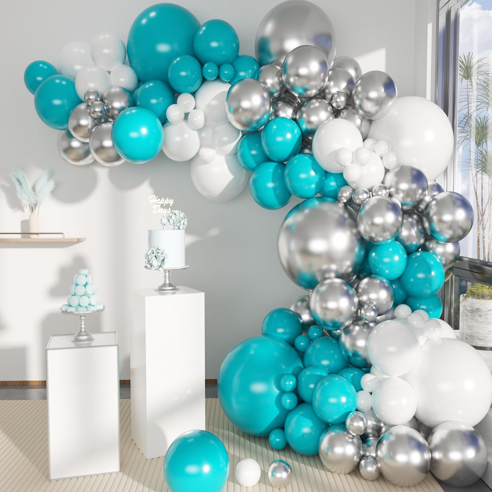 MEBAY Teal Blue Silver White Balloons Garland Arch Kit, 141Pcs Latex Balloons Different Sizes 18 12 10 5 Inch for Birthday Party Graduation Baby