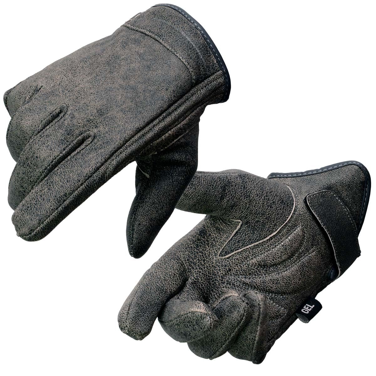 Milwaukee Leather Mens Distressed Gray Leather Gloves with Gel Palm and Wrist Strap MG7511