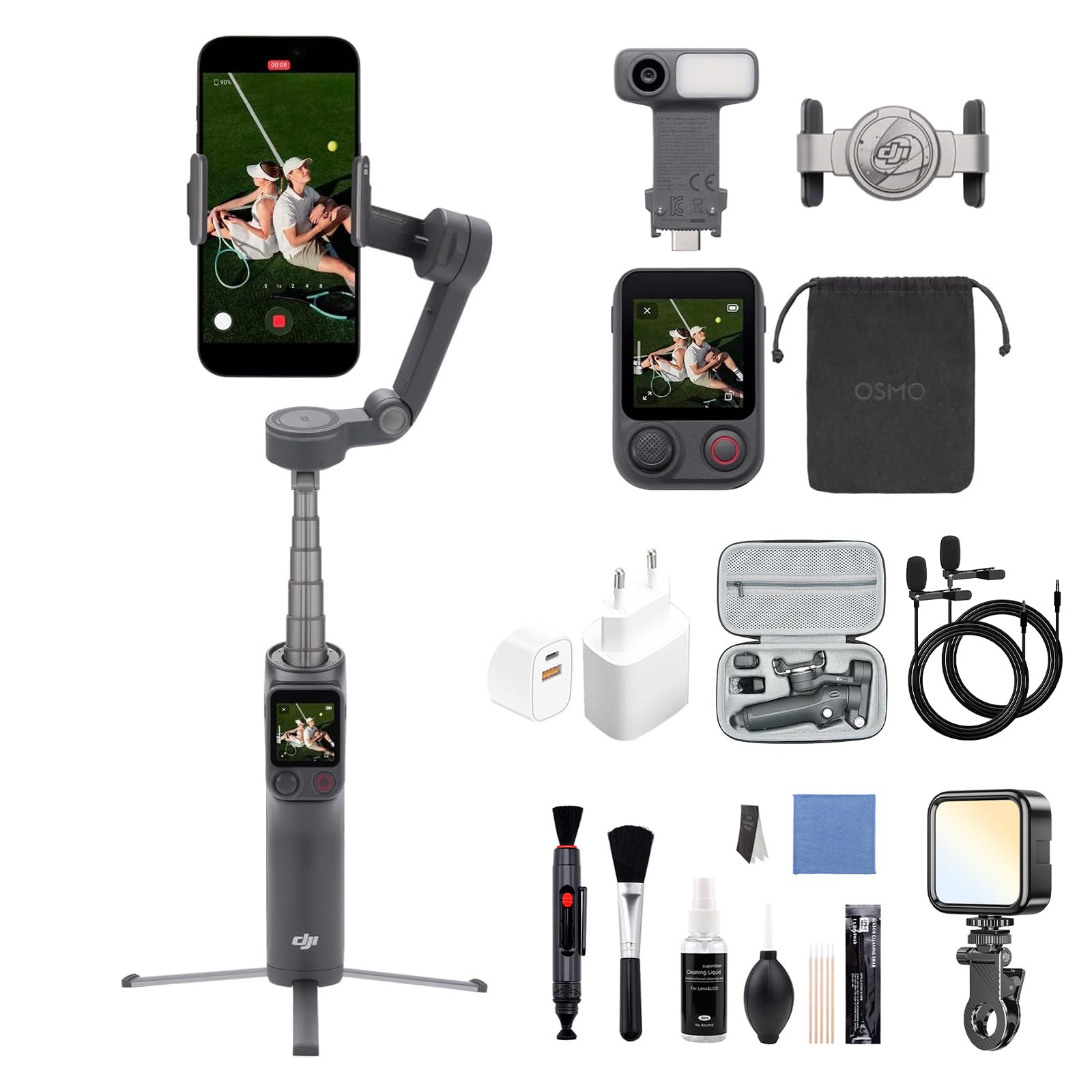 Osmo Mobile 8P Advanced Tracking Combo mit Mehrere Zubehör, 360°-Schwenk Gimbal-Stabilisator, Tracking-Modul, Fernsteuerung, Natives Tracking, Verlängerungsstab & Stativ integriert