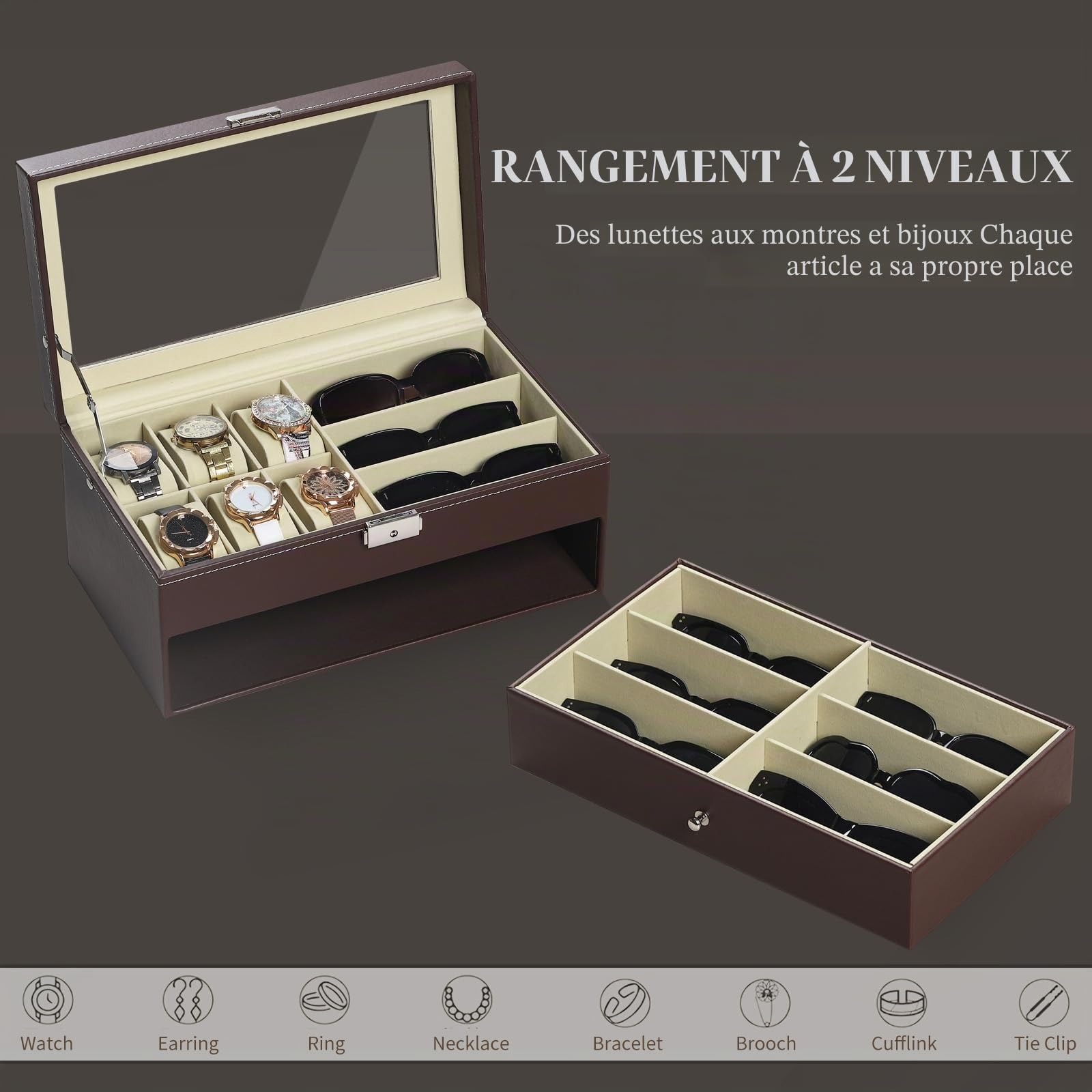 AUTOARK Boîte à bijoux en cuir pour 6 montres et 9 pièces de rangement pour lunettes de soleil avec tiroir verrouillable,Marron,AW-130