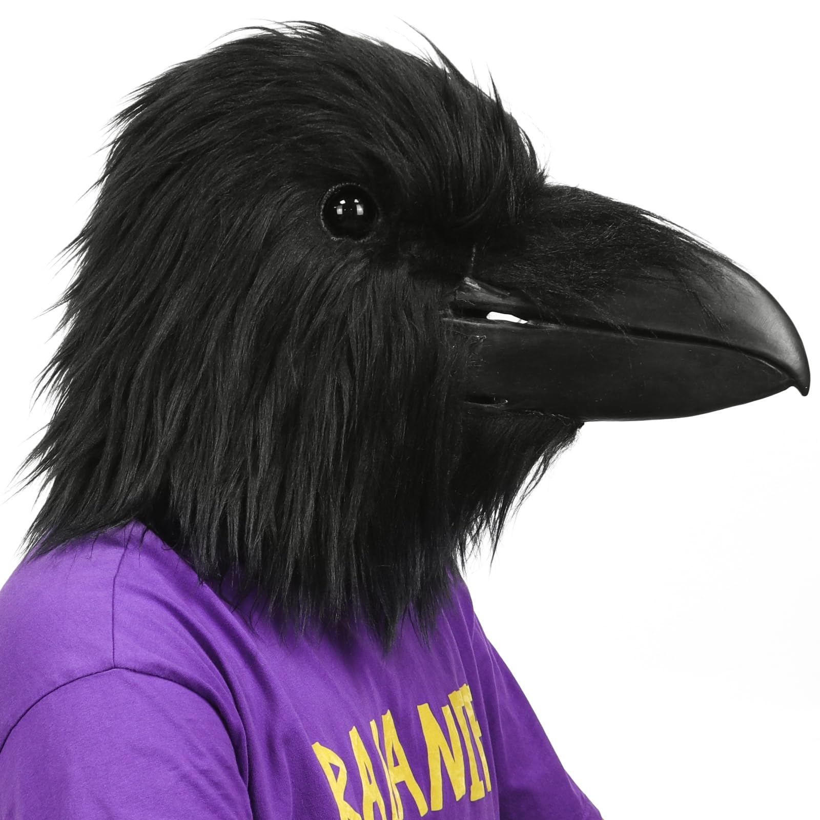 shayulajiao Black Crow Mask with Realistic Feathers, Latex Raven Head Mask with Soft Fur for Adults - Image 3