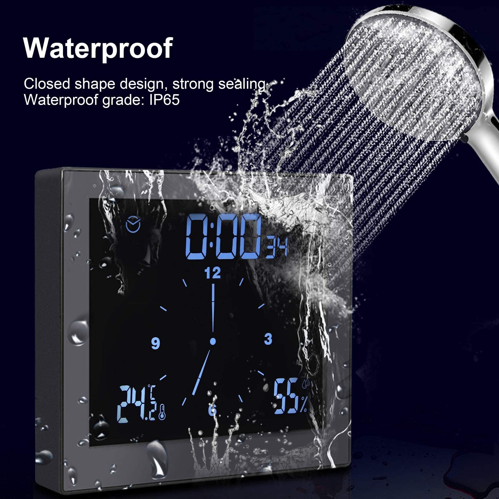 Ejoyous Reloj Pared con Termometro, Impermeable IP65 Reloj de Ducha Digital LCD Reloj de Ducha ℃ / ℉ Temperatura/Reloj de baño con función de Alarma y Temporizador de Cuenta atrás(Blanco)