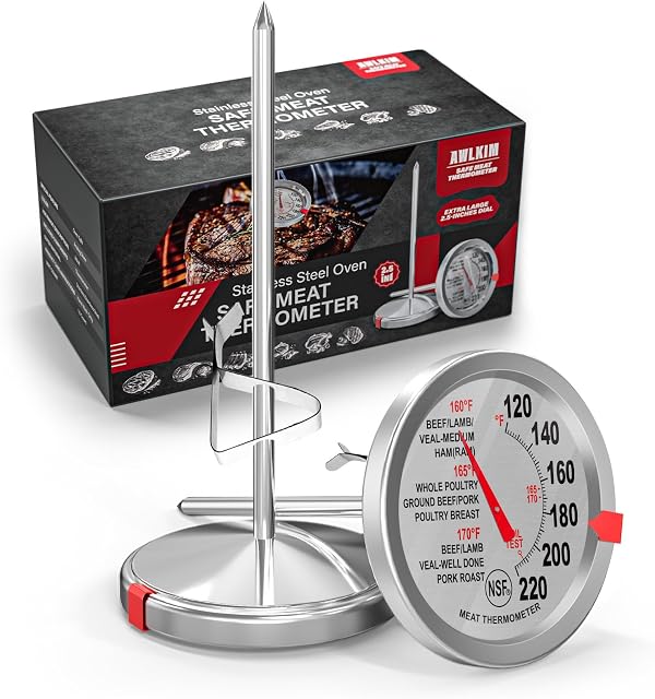 AWLKIM 2 Pack Thermomètre de viande analogique Coffre-fort Cadran sans batterie , Coffre à manches bimétalliques, Cuve à ressort, 2.5in Grand visage, pas de piles pour la dinde rôtie Grill BBQ Cuisson