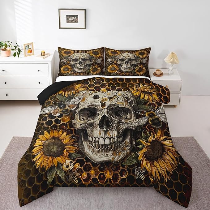 Sugar Skull Bedding Queen Size Gothic Style Comforter Set for Boys Girls Geometric Honeycomb Bedding Comforter Sets Teens Kids Boho Exotic Style Duvet Insert Yellow Sunflowers Halloween Decor Quilt