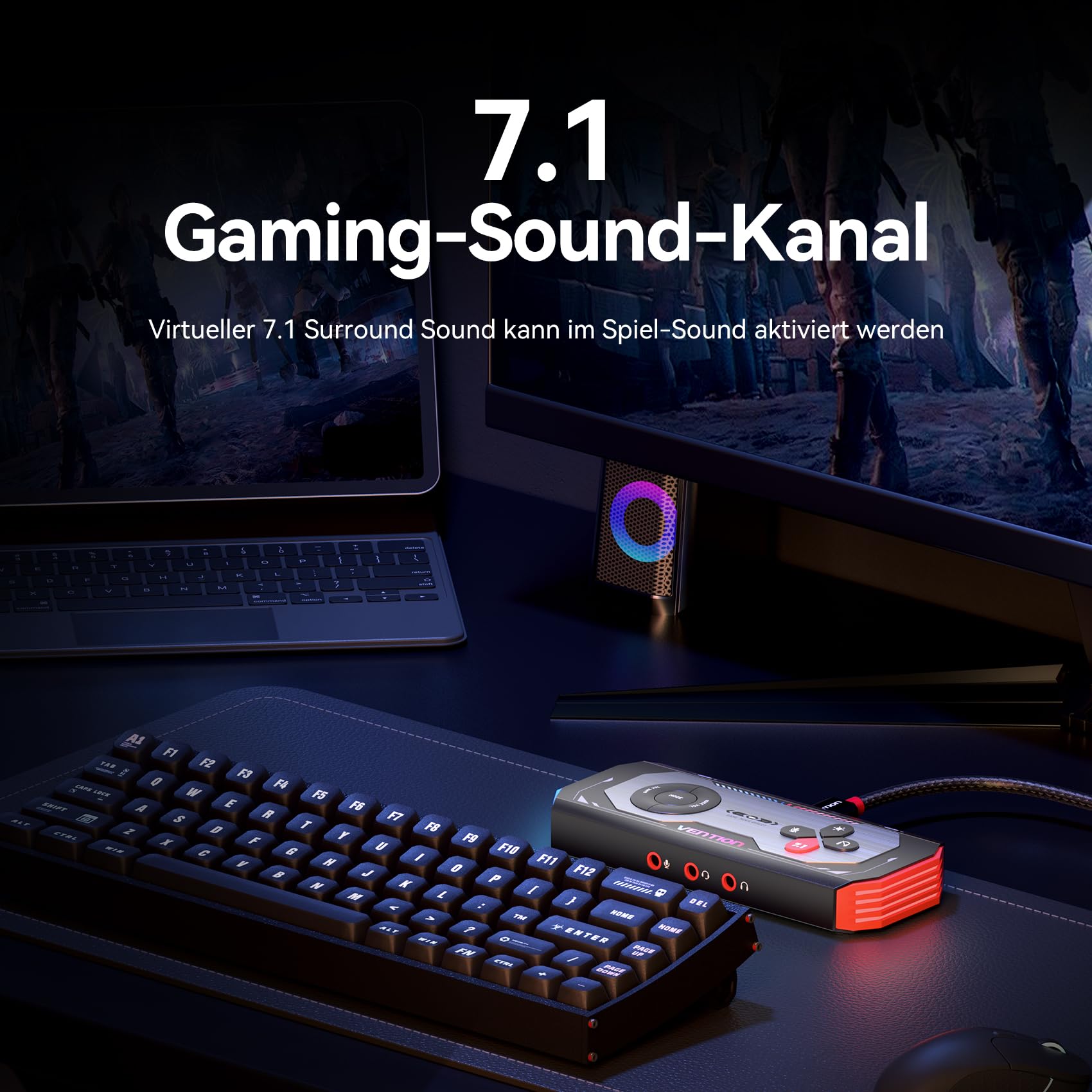 VENTION USB 7.1 Soundkarte Extern Gaming-DAC, 7.1 Virtual Surround Sound, 24bit/192KHz, RGB Light System, Gaming Audio Verstärker Kompatibel mit PS5, PS4, Xbox One, Switch, PC, Headset