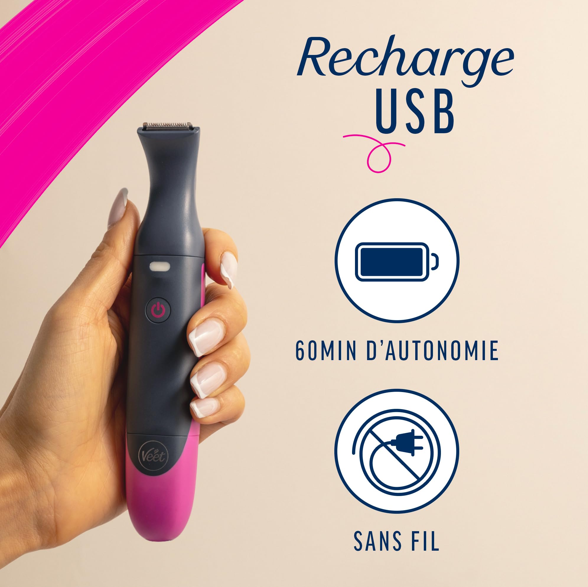 Veet Expert Tondeuse Femme Tout-En-Un – Rasoir électrique Multi-Usage pour Maillot, Visage et Sourcils – Chargeur USB – 100% étanche (IP67)