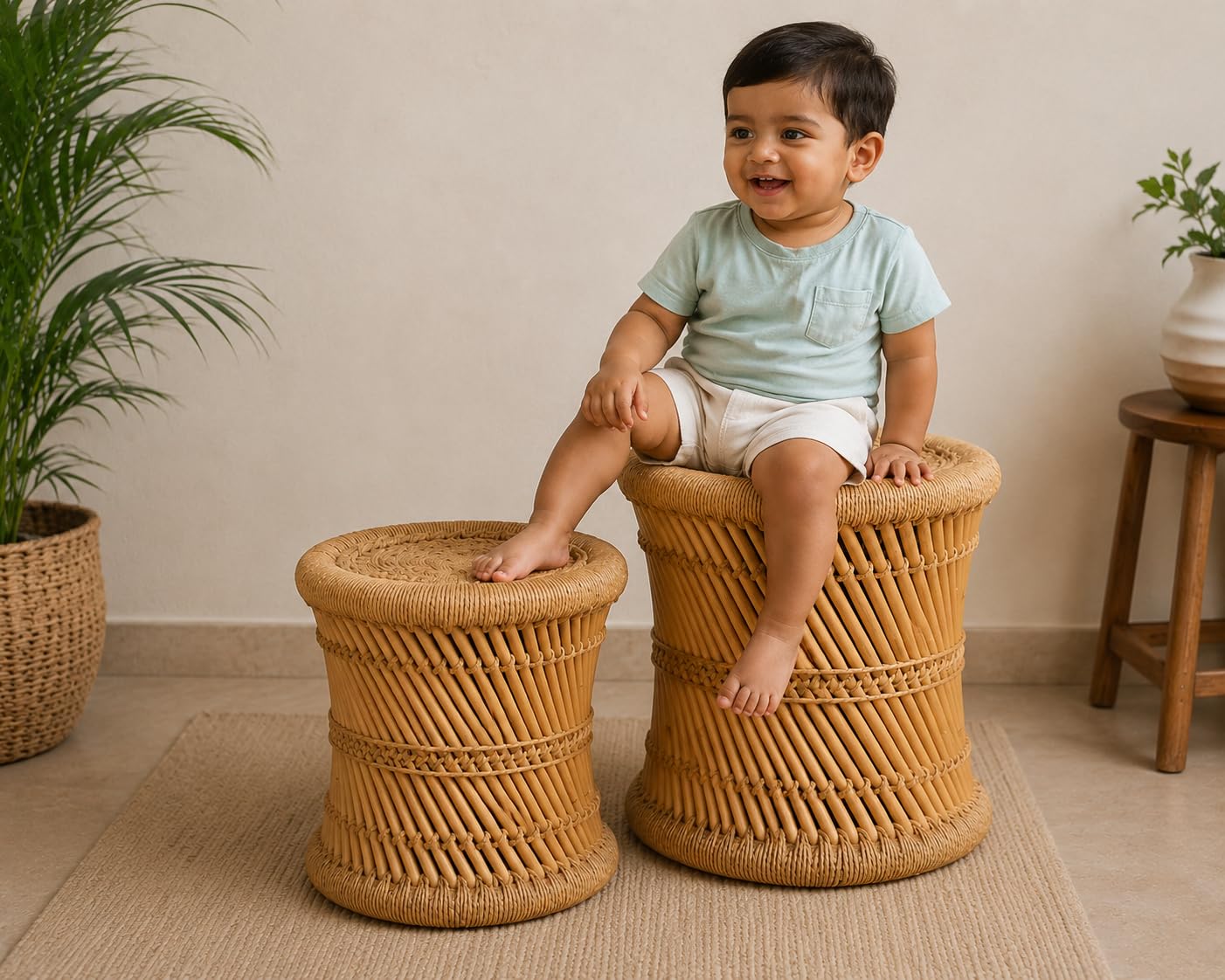Handmade Bamboo Cane Wood Sitting Stool Jute Rope Wicker Ottoman Chair Mudha Mudda for Living Room Home & Garden Indoor Outdoor Furnishings (Set of 2)-image-29
