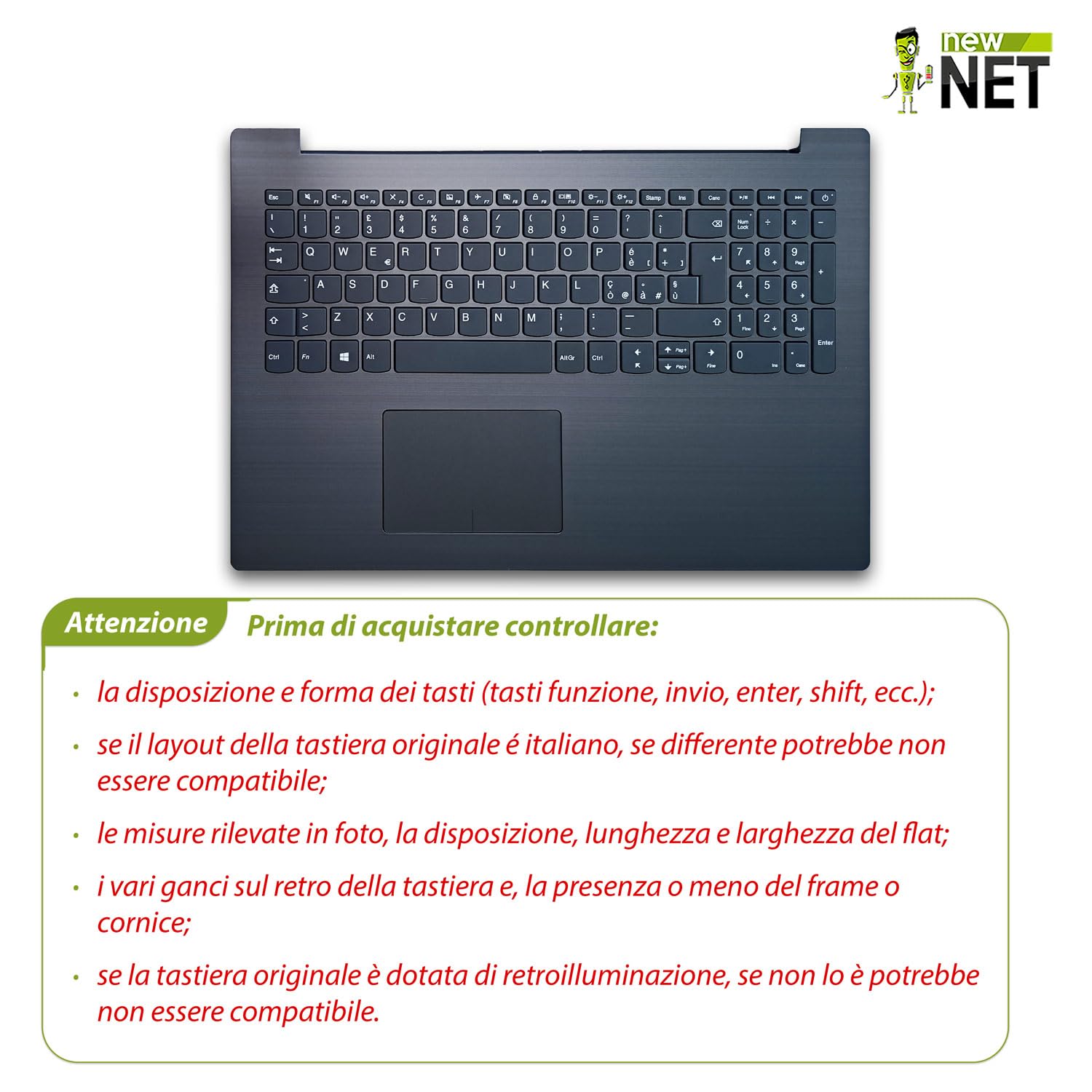 new net - Top case Palmrest con tastiera compatibile con Lenovo IdeaPad 330-15AST (Type 81D6) [Frame Grigio (Iron Grey) - con touchpad, speaker e connettore SSD - Layout ITA]