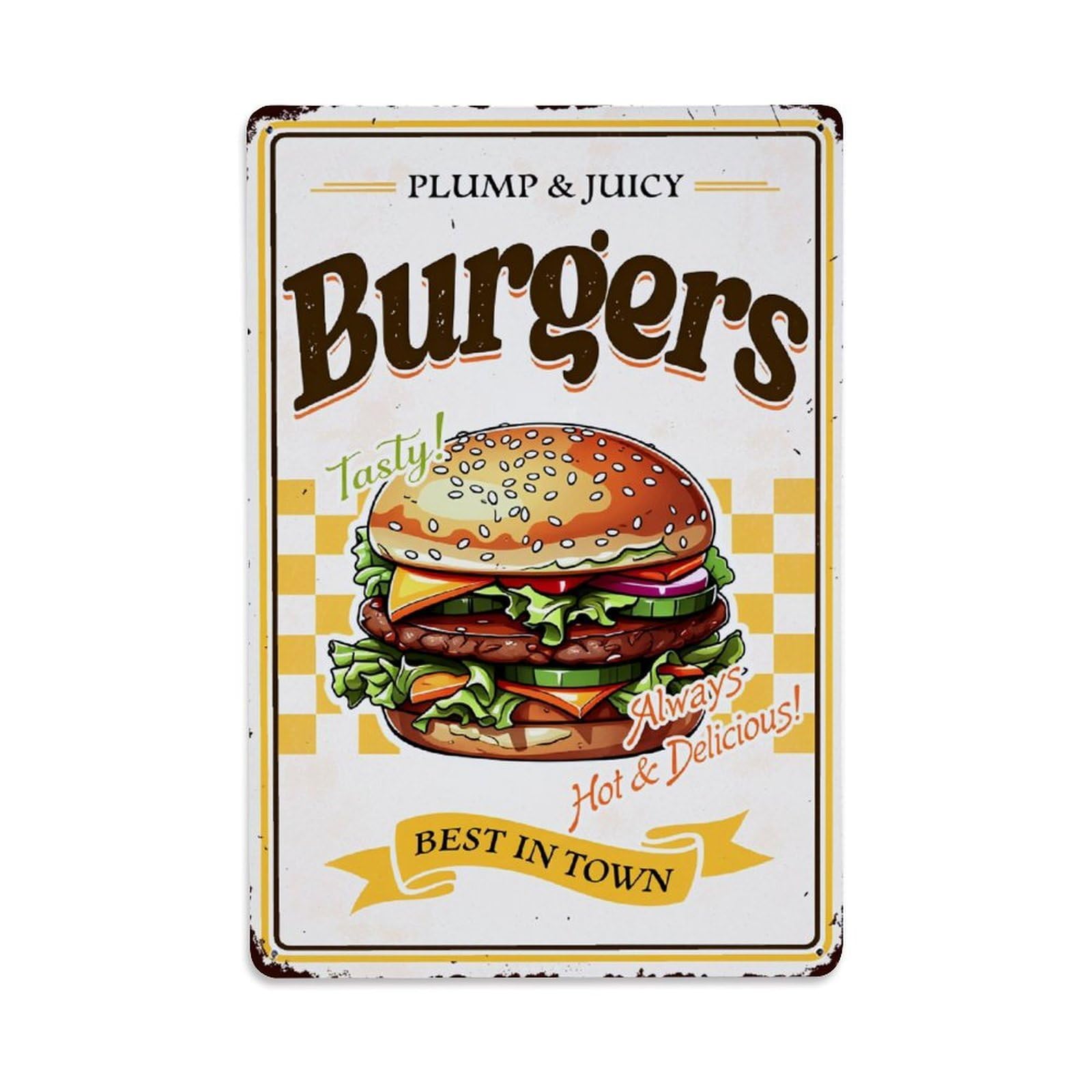Enderetf Vintage Burger With Cheese Lettuce Tomato Onion Pickle Tin Sign Metal Poster, Home Bar Garage Man Cave Cafe Indoor & Outdoor Wall Decoration 8X12inches