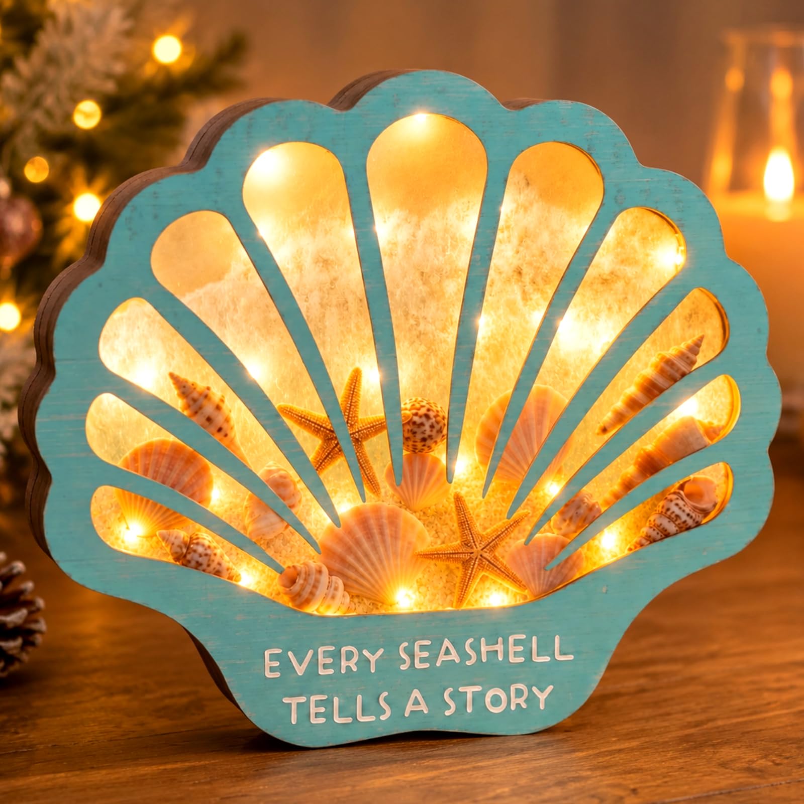 FoldTier Seashell Display Case with Lights Wooden Seashell Holder