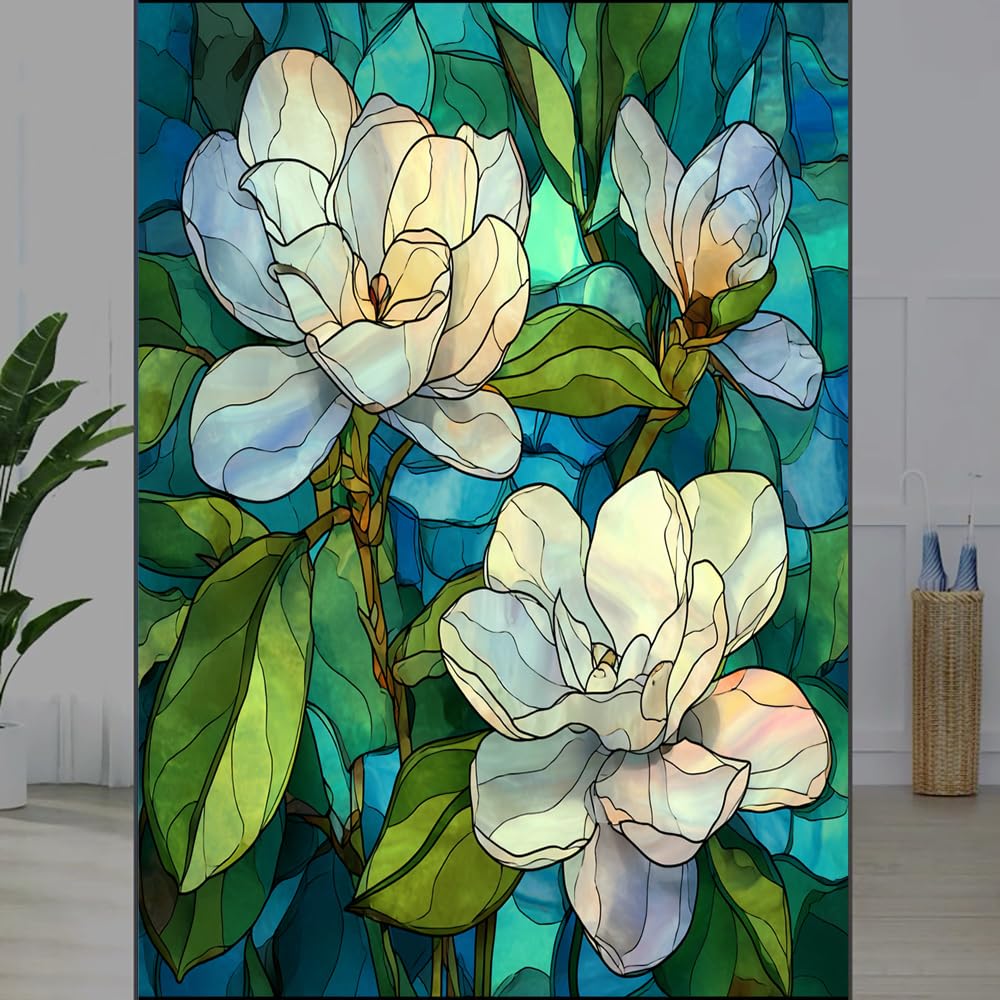 FOCCAFB Retro Flower Branches Privacy Window Film, Elegant Magnolia Bouquet Frosted Self-Adhesive Vinyl Cling for Glass Doors Bathroom Windows Sun Blocking Heat Control, （55x120cm）