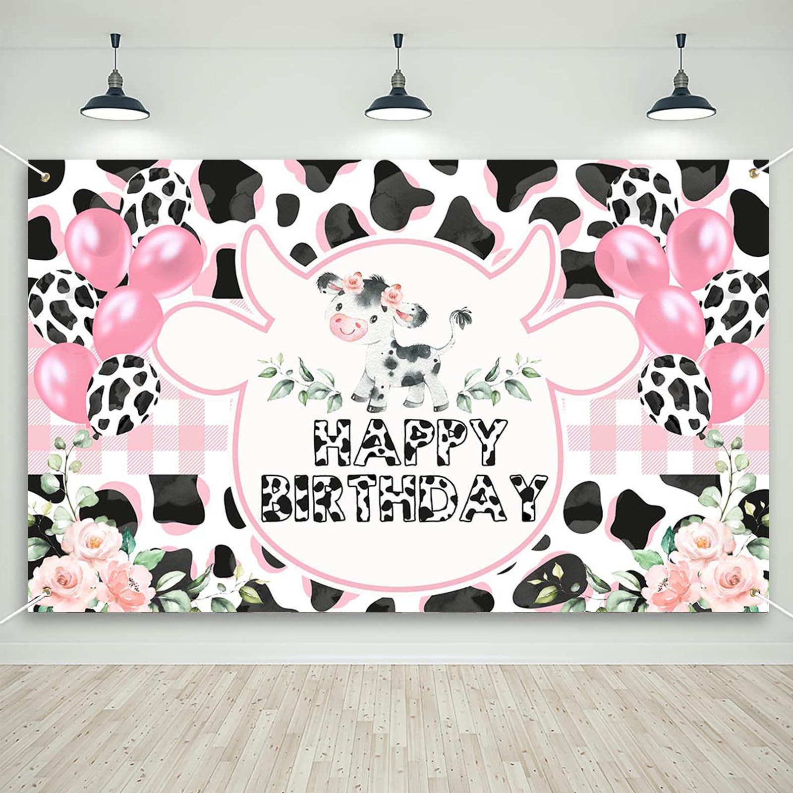 Mocsicka Cow Birthday Banner for Girls Pink Holy Cow Print Backdrop Party Decoration Cow Spot Balloon Birthday Photography Background (Pink, 70.8 x