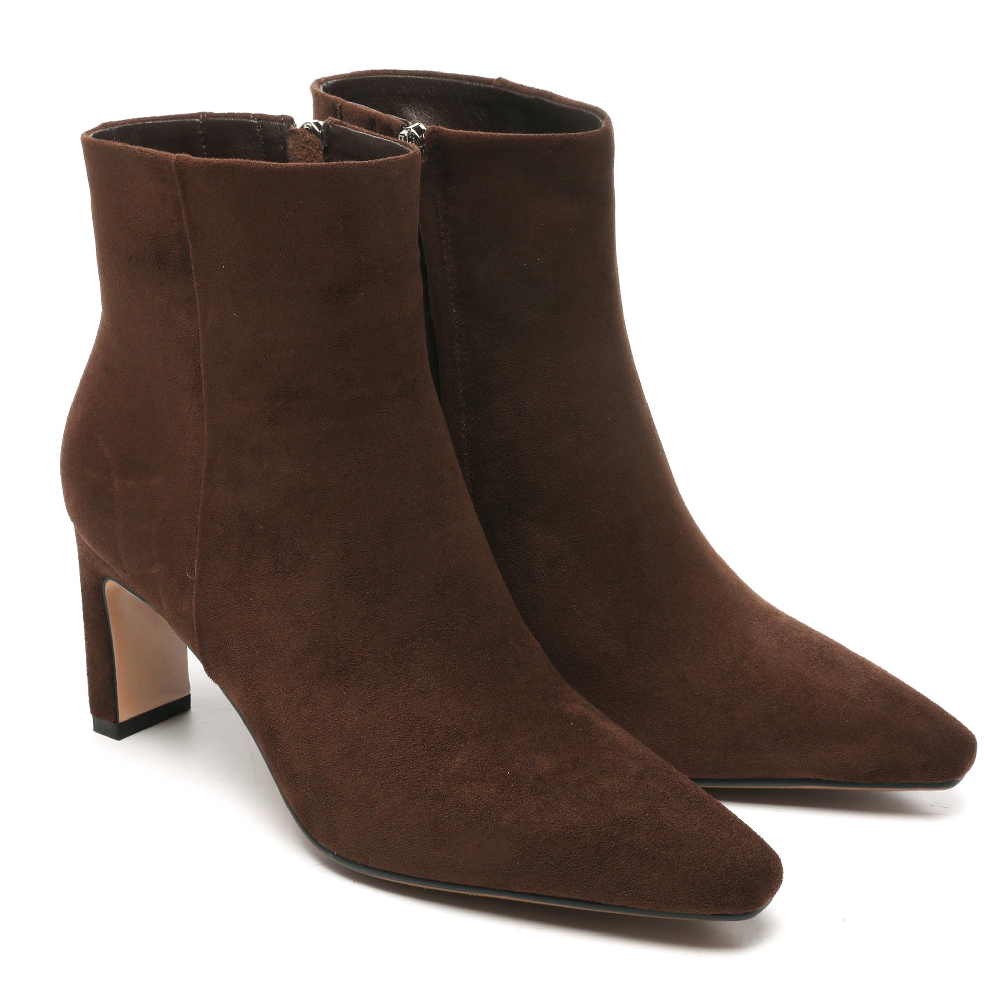 Brown Suede Ankle Boots for Women Pointed Toe Chunky High Heeled Booties Fall Dressy Short Boots with Zipper