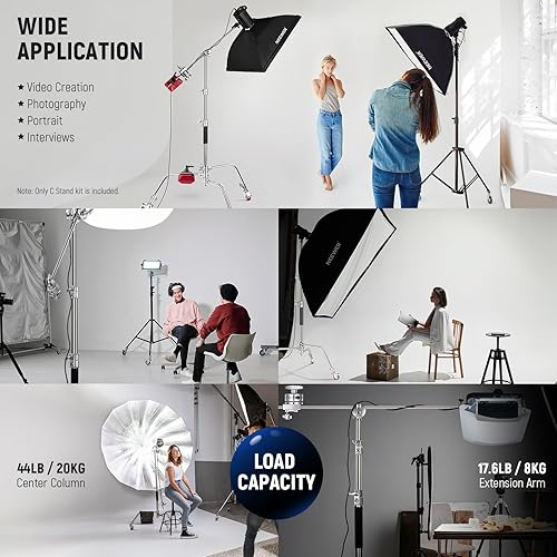 Miniatura 11 de NEEWER Soporte profesional en C resistente de acero inoxidable 100% con brazo de pluma, altura máxima de 10.5 pies, soporte de luz para fotografía