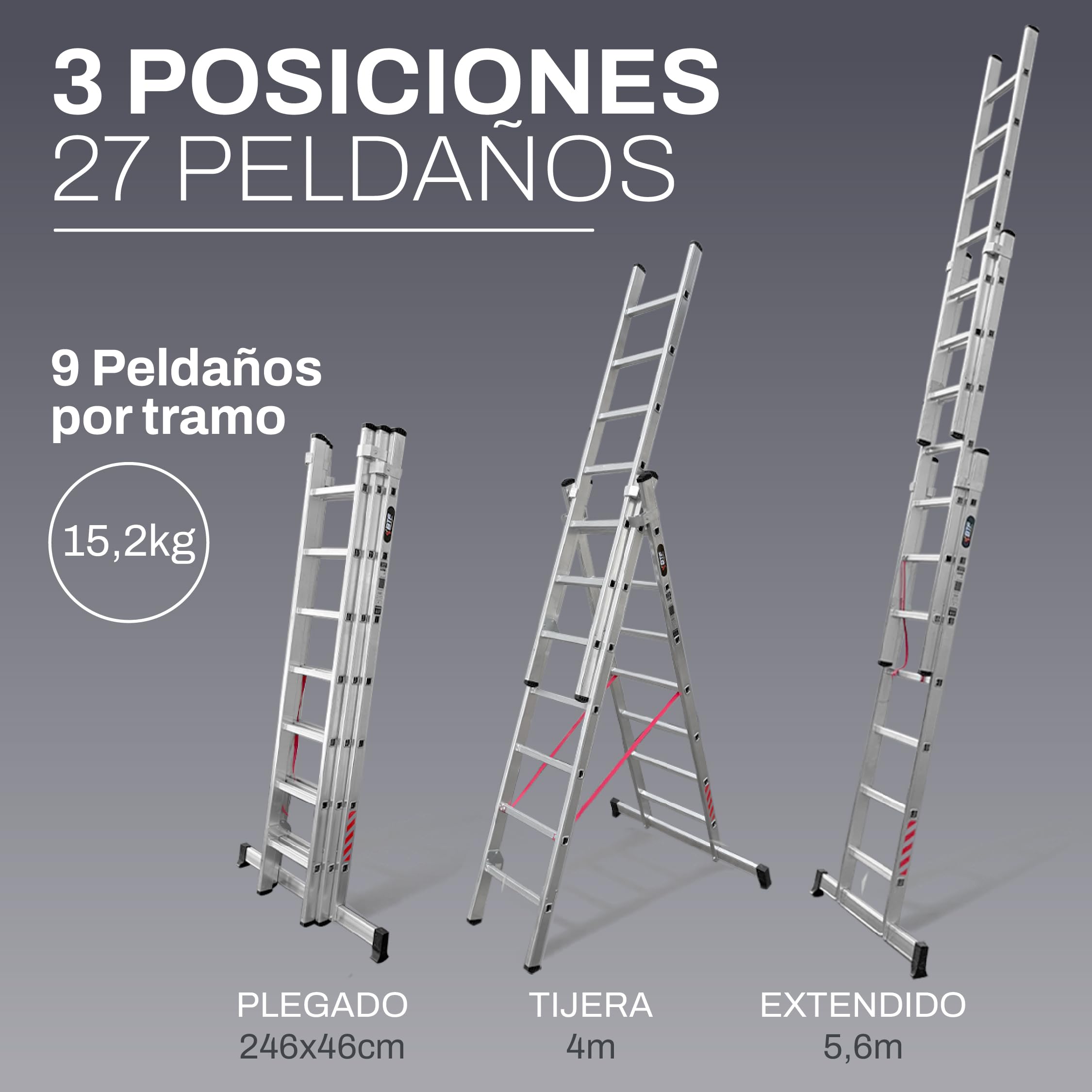 BTF Escalera de Mano Triple de Aluminio 3x9 Peldaños, Escalera Transformable y Extensible de 5,6m para Uso Doméstico, Barra Estabilizadora, Carga 150kg, Norma EN131