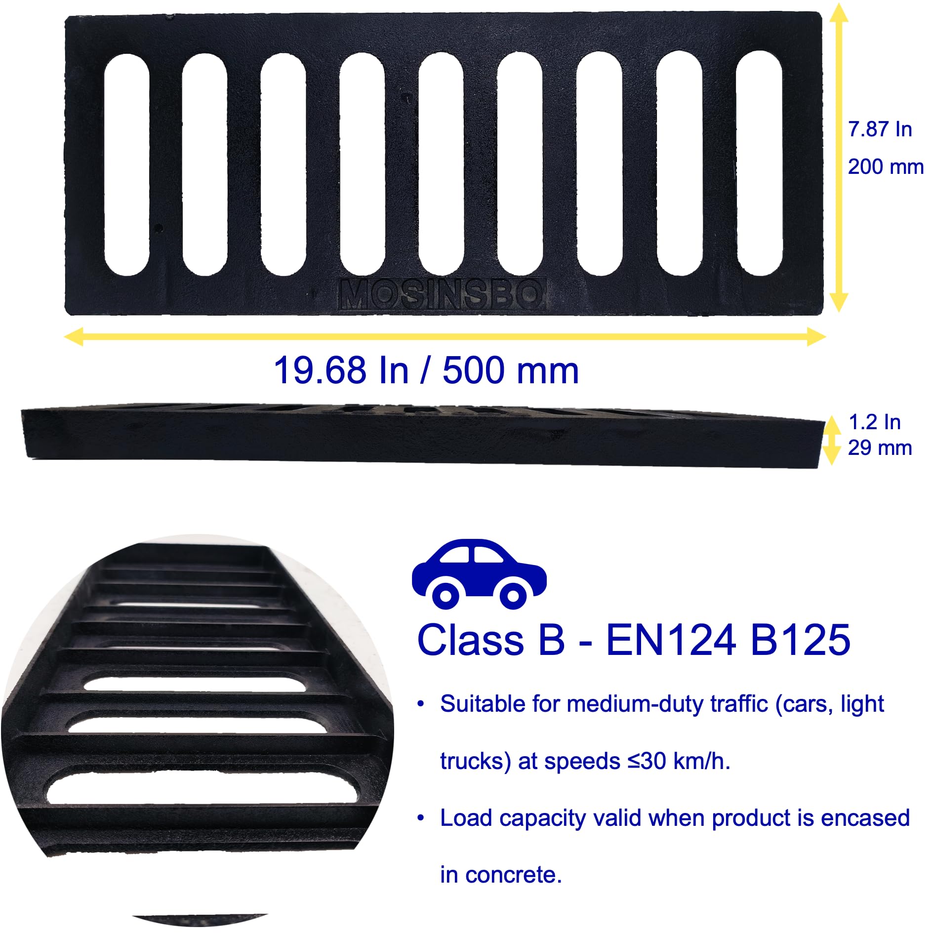 Grille de Drain Fonte Ductile 500x200 mm Classe B125 Haute Résistance pour Allée et Cour Extérieur Noir