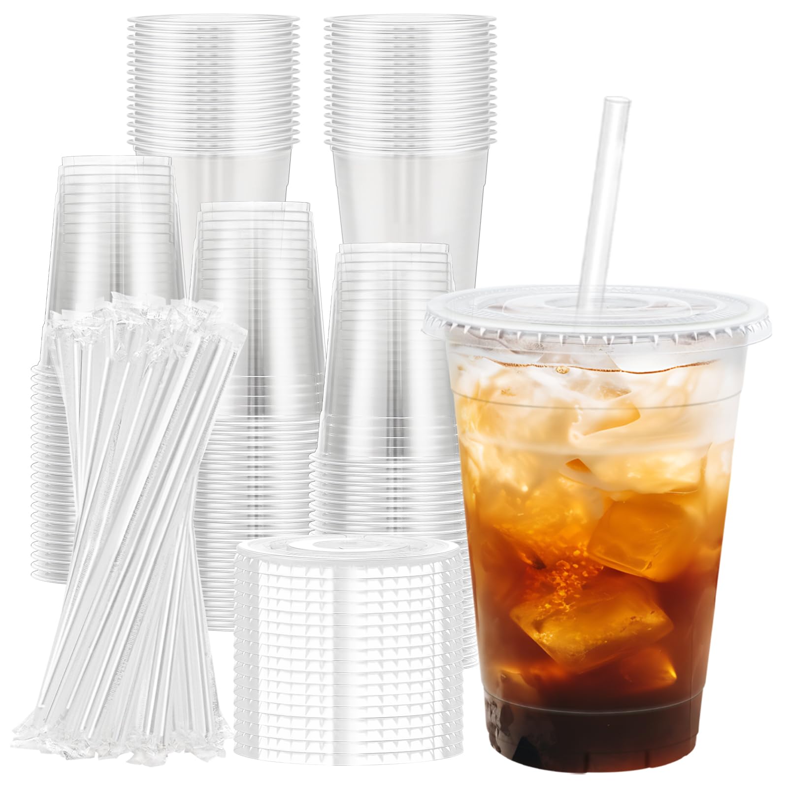 Lamosi 100 Pack 16 oz Plastic Coffee Cups with Lids, Disposable Clear Cups