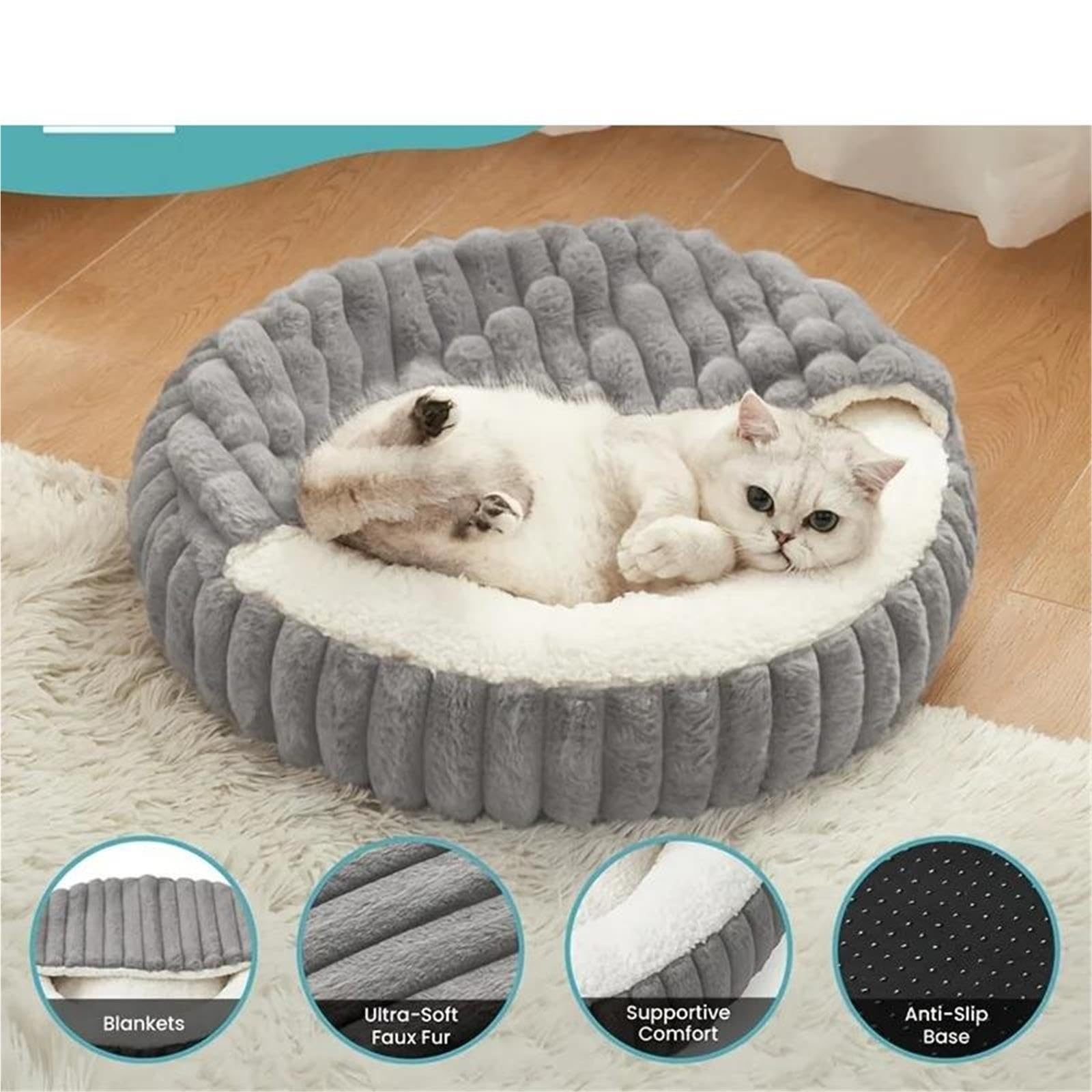 Katzenbett Flauschig Warmes Bett, runde Katzenhöhle mit Kapuze