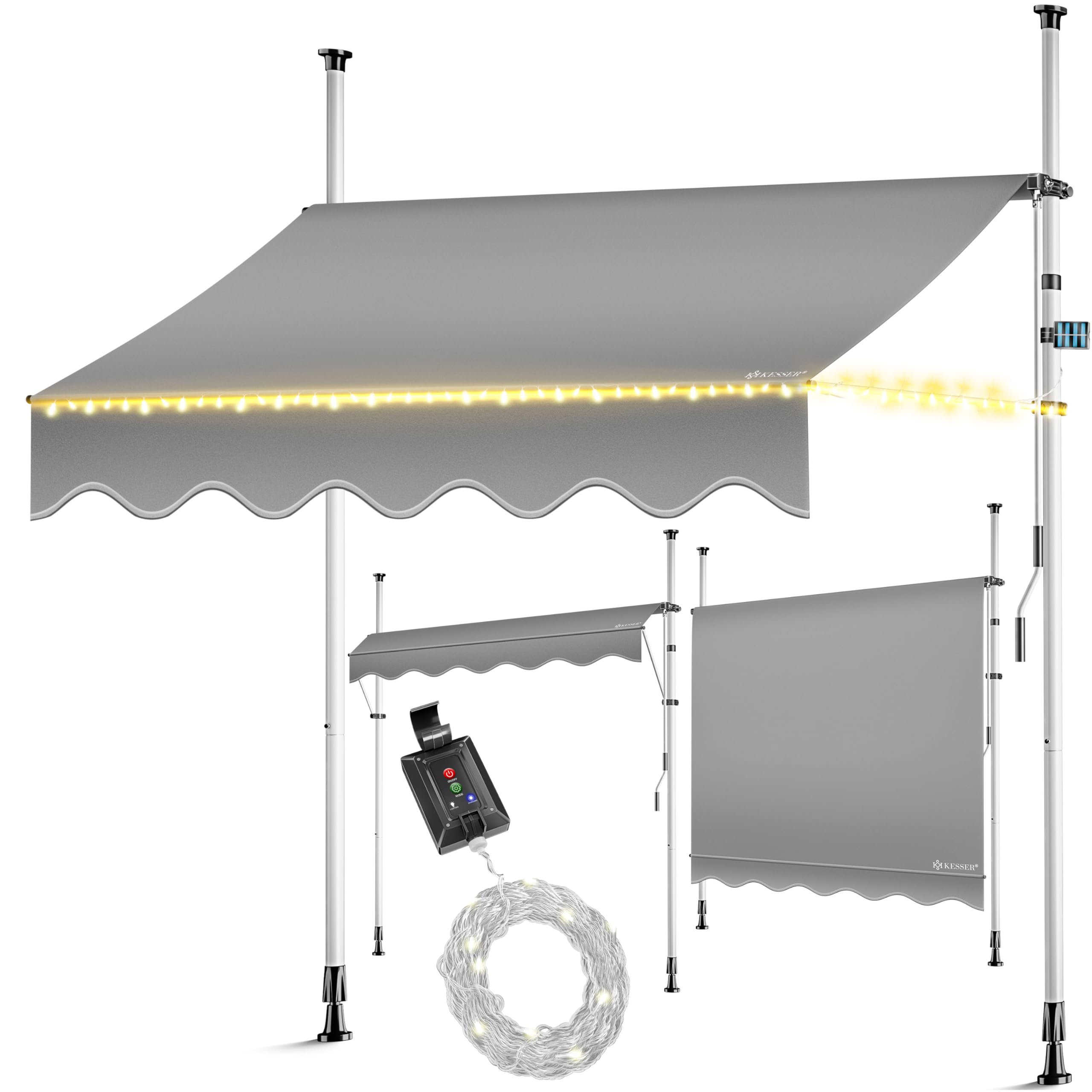 tillvex Klemluifel 250 cm, lichtgrijs met led en handslinger, balkon, balkonluifel zonder boren, luifel uv-bestendig en in hoogte verstelbaar, zonwering, waterdicht