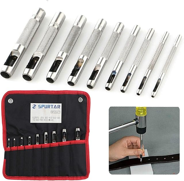 Spurtar 9 Pcs Steel Hollow Punch Set 2.5-10mm Heavy Duty Round Leather Hole Punching Tool for Watch Cloth Belt Gaskets w/Storage Bag