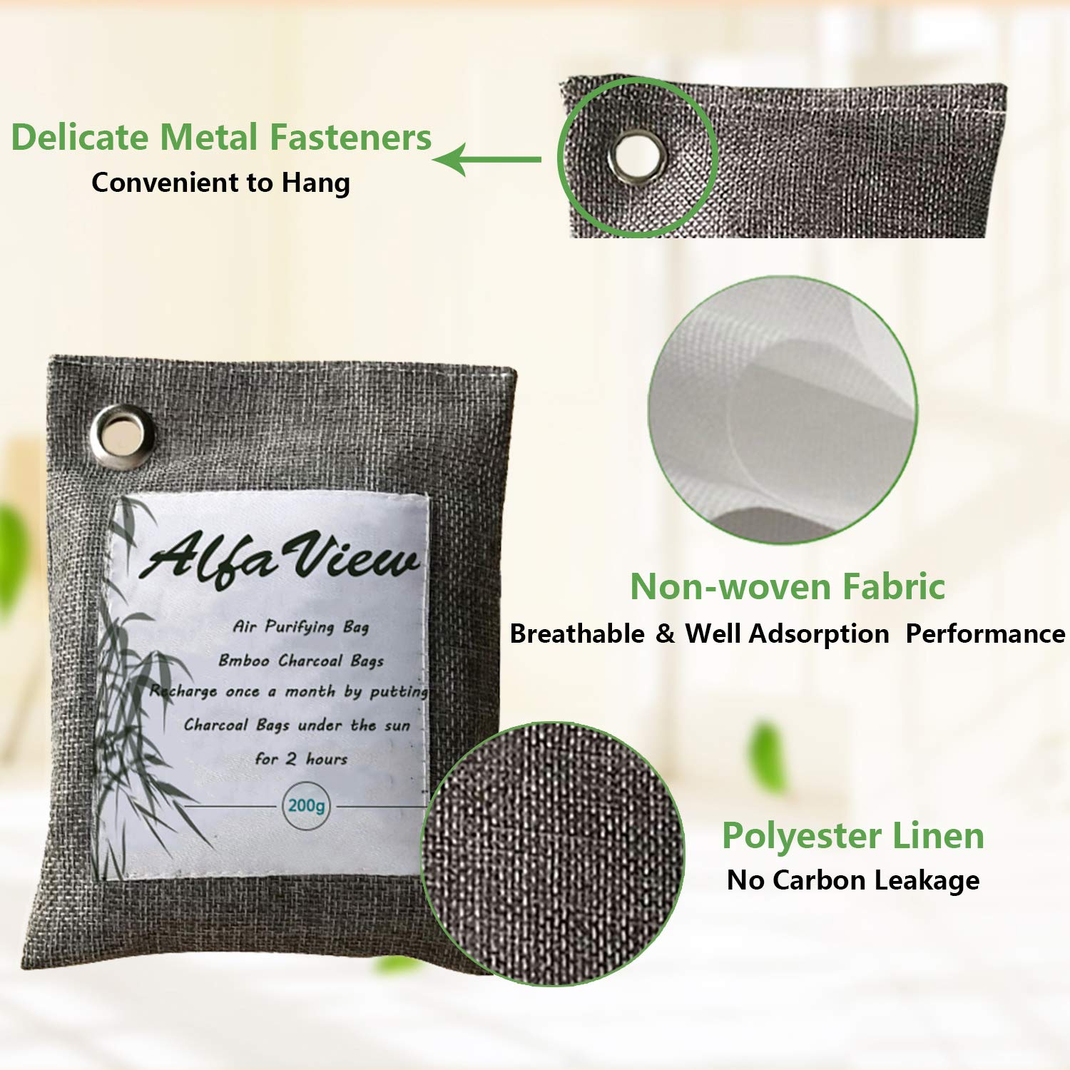 Bolsa Purificadora de Aire, AlfaView Naturalmente Ambientador de Bambú y Carbón Desodorizarte de Calzado y Eliminador de Olores Absorbente para Automóviles y Armarios y 100% sin Olor Químico