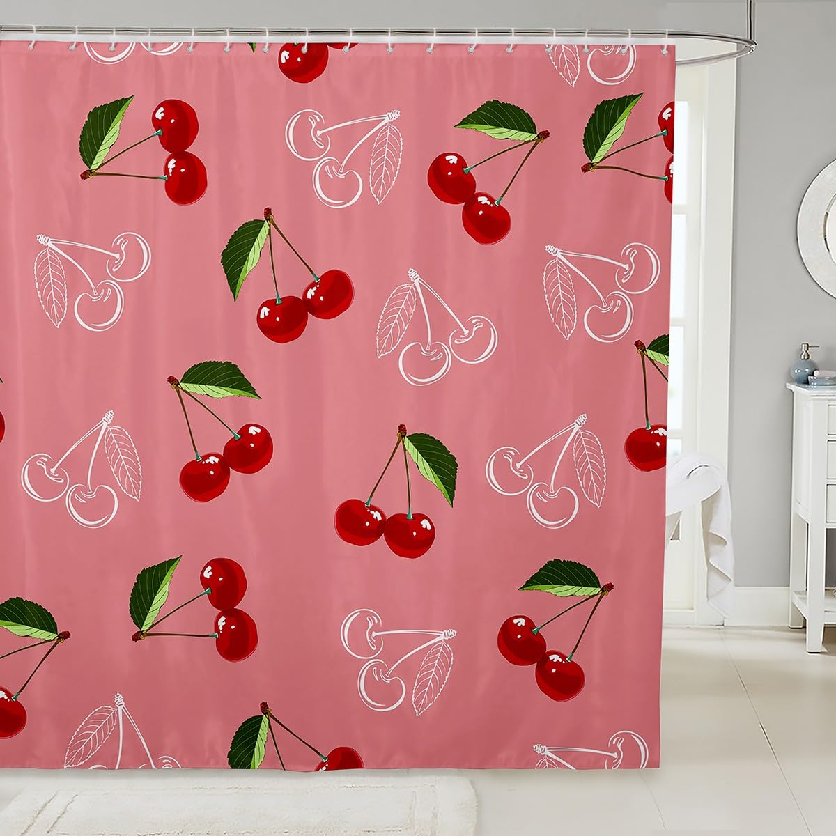 Cherry Bath Curtain Girls Red White Cherry Bathroom Shower Curtain Set Fresh Fruit Theme Shower Curtain for Kids Adults Sweet Cherry Waterproof Bathroom Curtains Bright Vibrant Room Decor 72x72 Inch