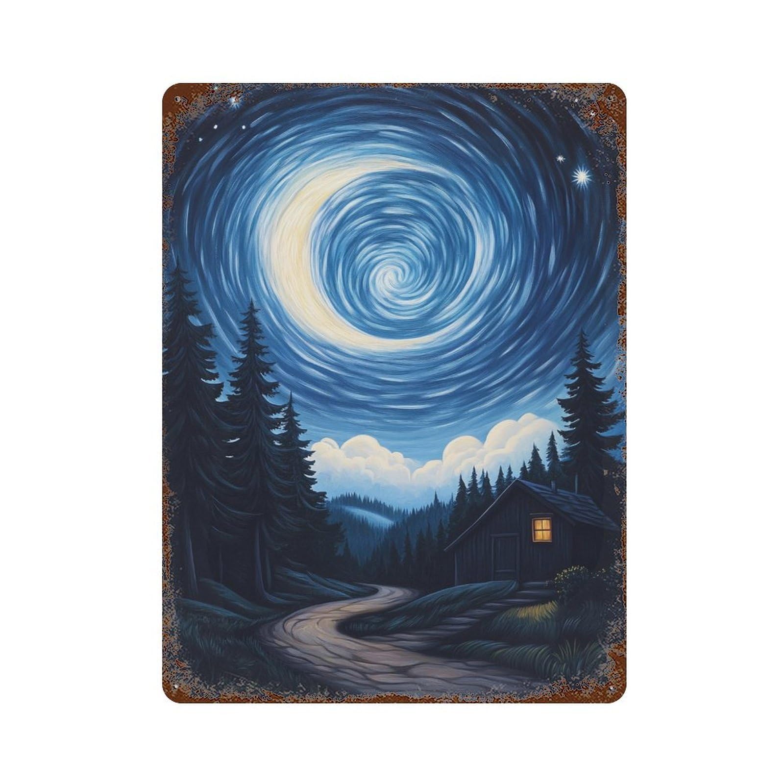 Night Sky Cabin Scene 15.7"x11.8" Retro Metal Sign, Shabby Chic Decor for Garage, Bar And Workshop Decor