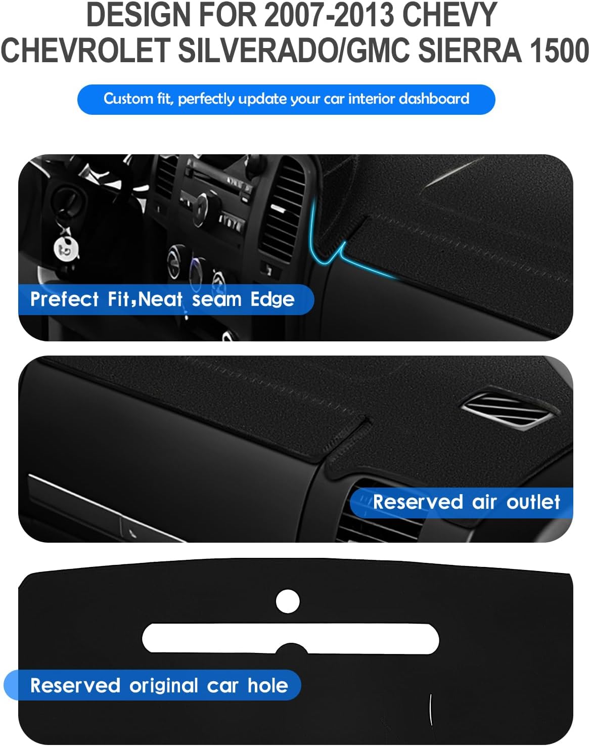 Dash Cover for Silverado GMC Sierra 2007-2013 Accessories Dashboard Mat Non-Slip Suede Anti-Glare Sunshade UV Rays Protector Black
