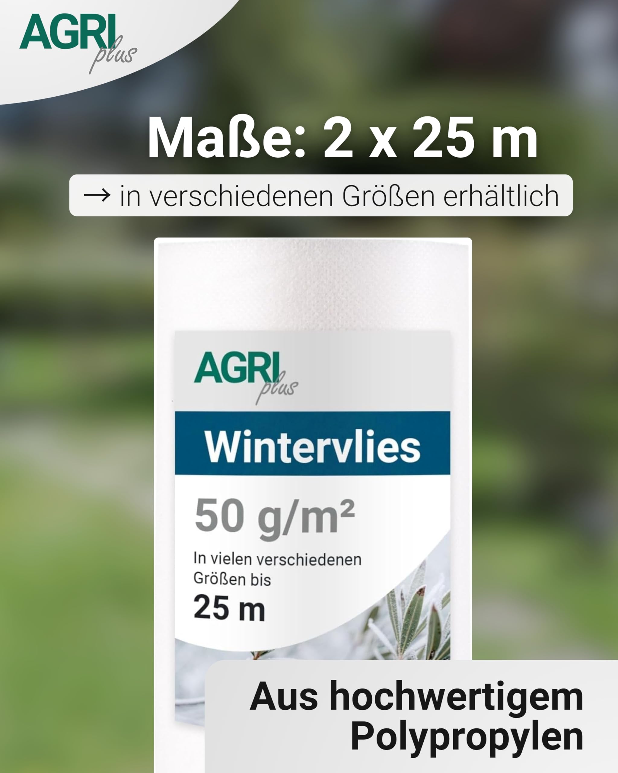 AGRI plus Winterschutzvlies 50 g/m² I 2 x 25 m I Verschiedene Maße I Extra Starkes Frostschutzvlies, reißfest & atmungsaktiv I Pflanzenschutz für Winter, Garten, Balkon & Kübelpflanzen
