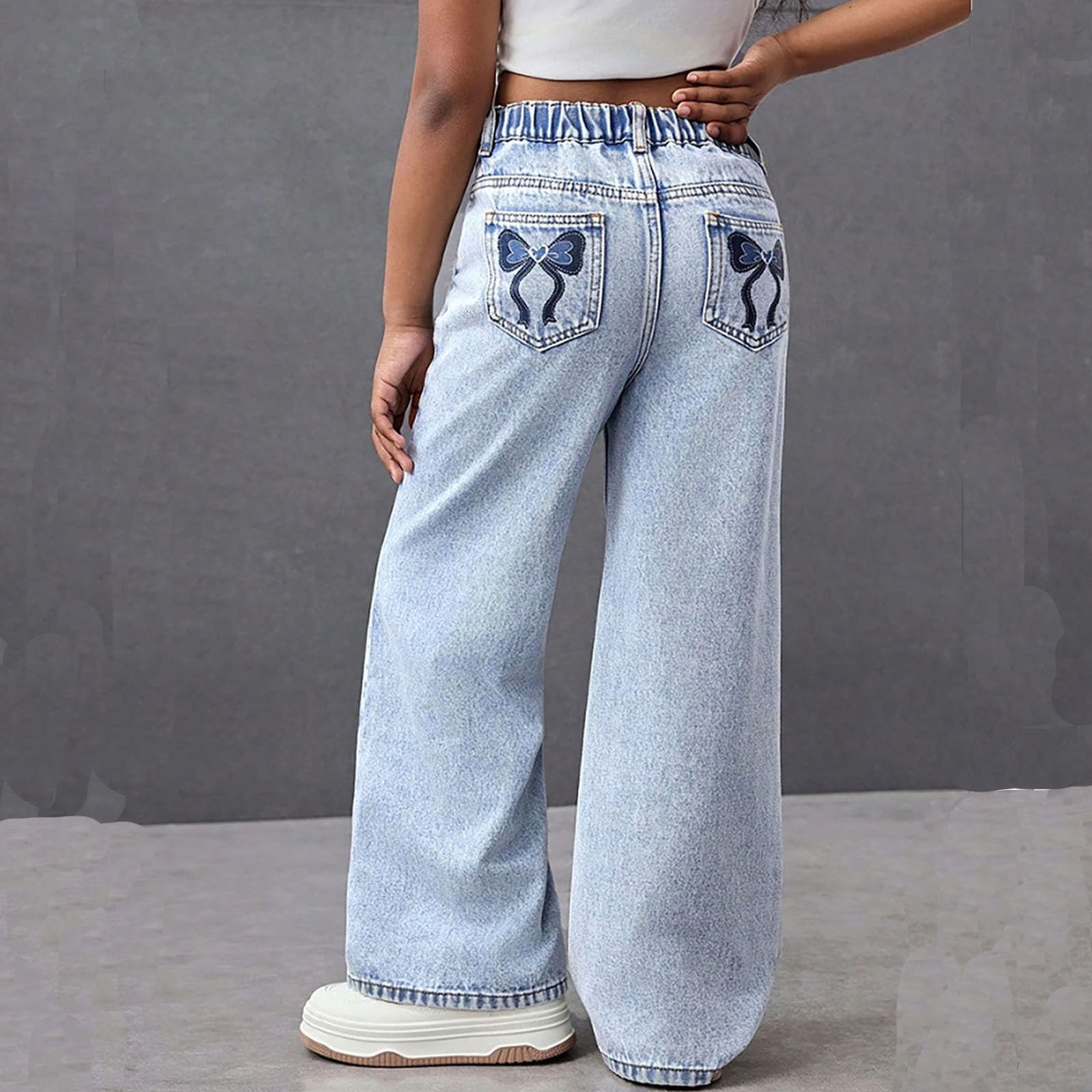 Jeans, alla Moda con Gamba Dritta, in Denim Lavato E Ricamato con Tasca Posteriore per Ragazze Adolescenti dai 9 Ai 13 Anni, Ideale per La Scuola