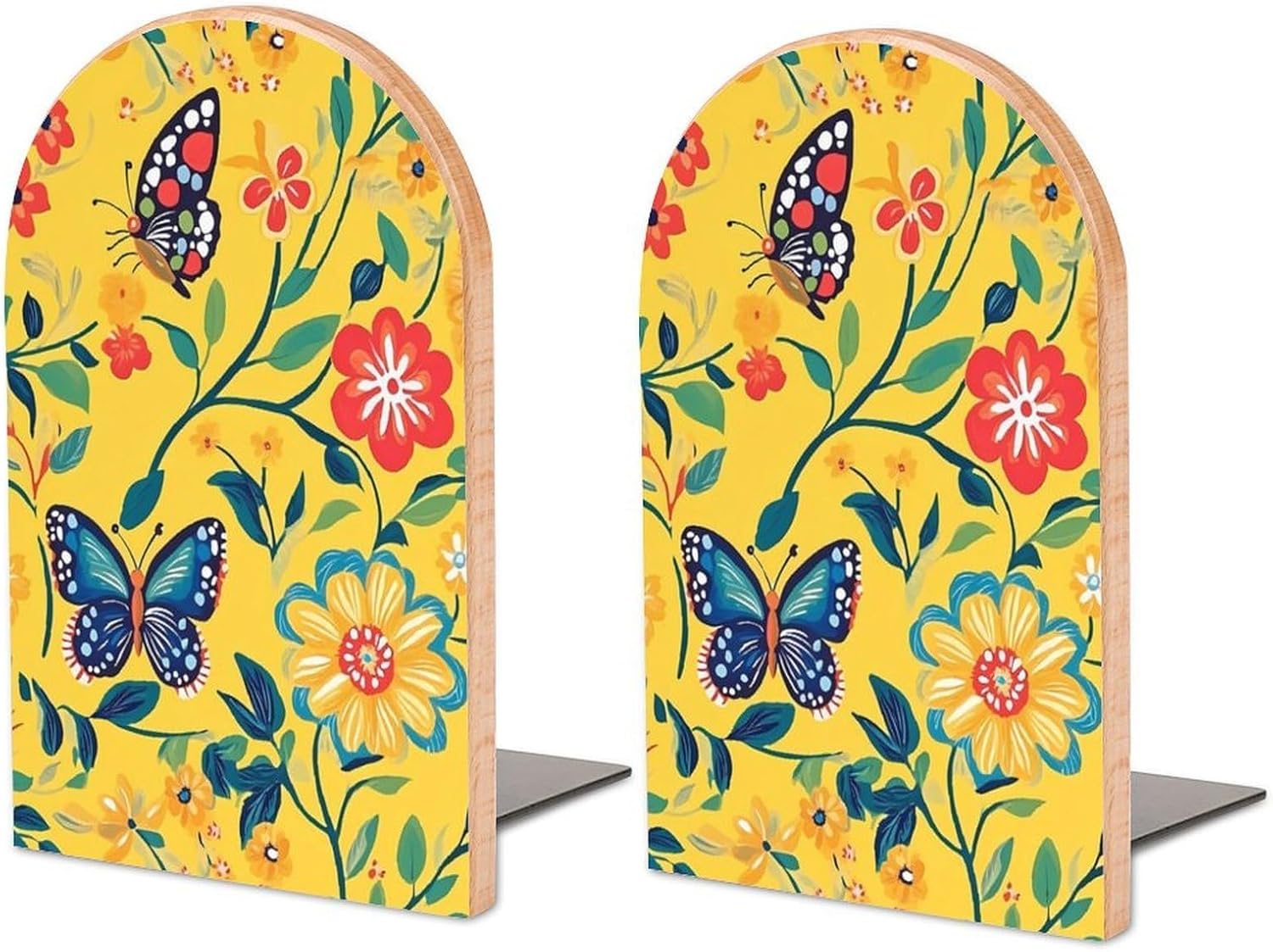 Colorful Butterfly and Flowers Cute Wood Book Ends Decorative Bookends 1 Pair Non-Skid for Shelves Home Office 7 X 5 Inch