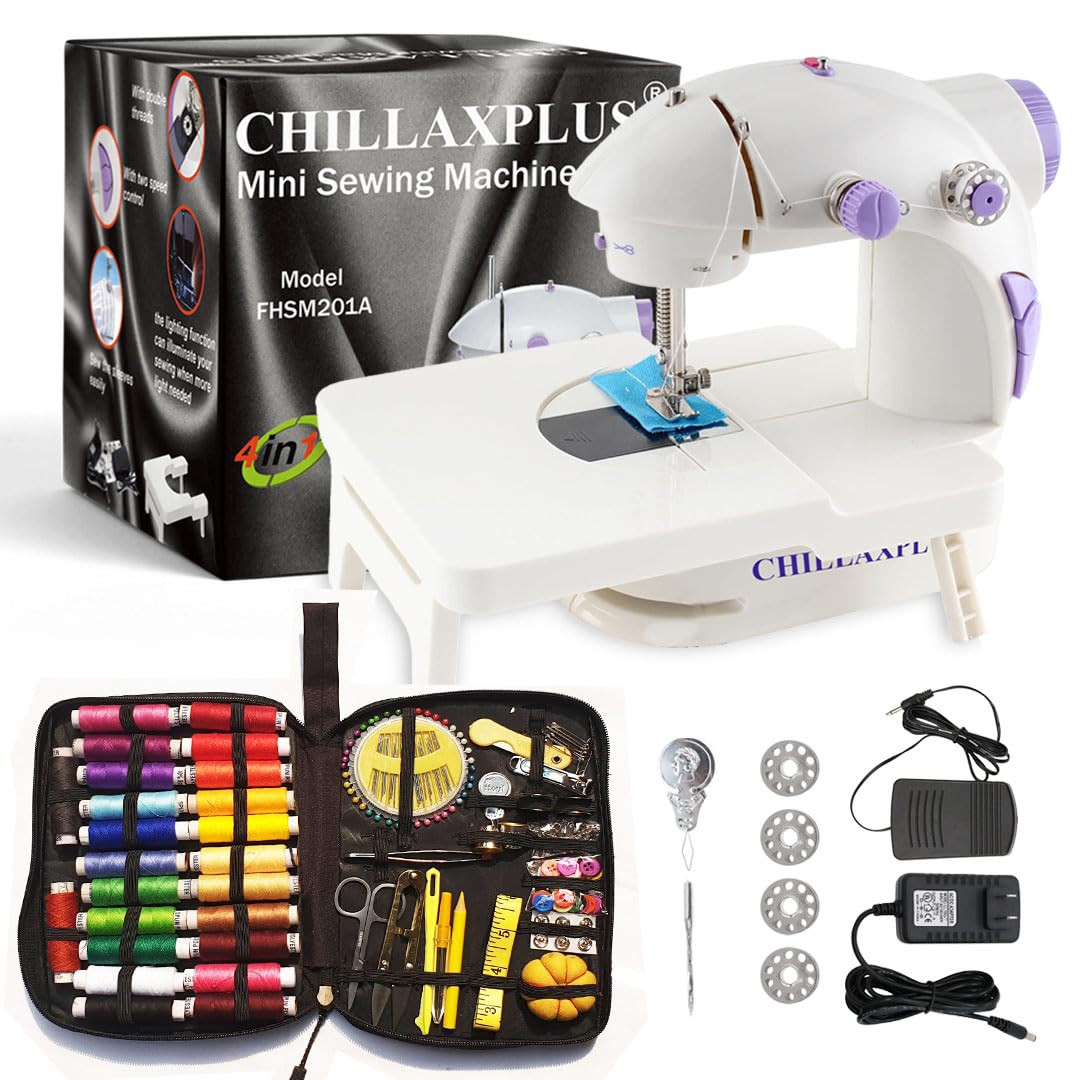 CHILLAXPLUS Sewing Machine with 24 Threads Sewing Kit and Table, Portable Stitching Machine with Foot Pedal, Mini Silai Machine, White