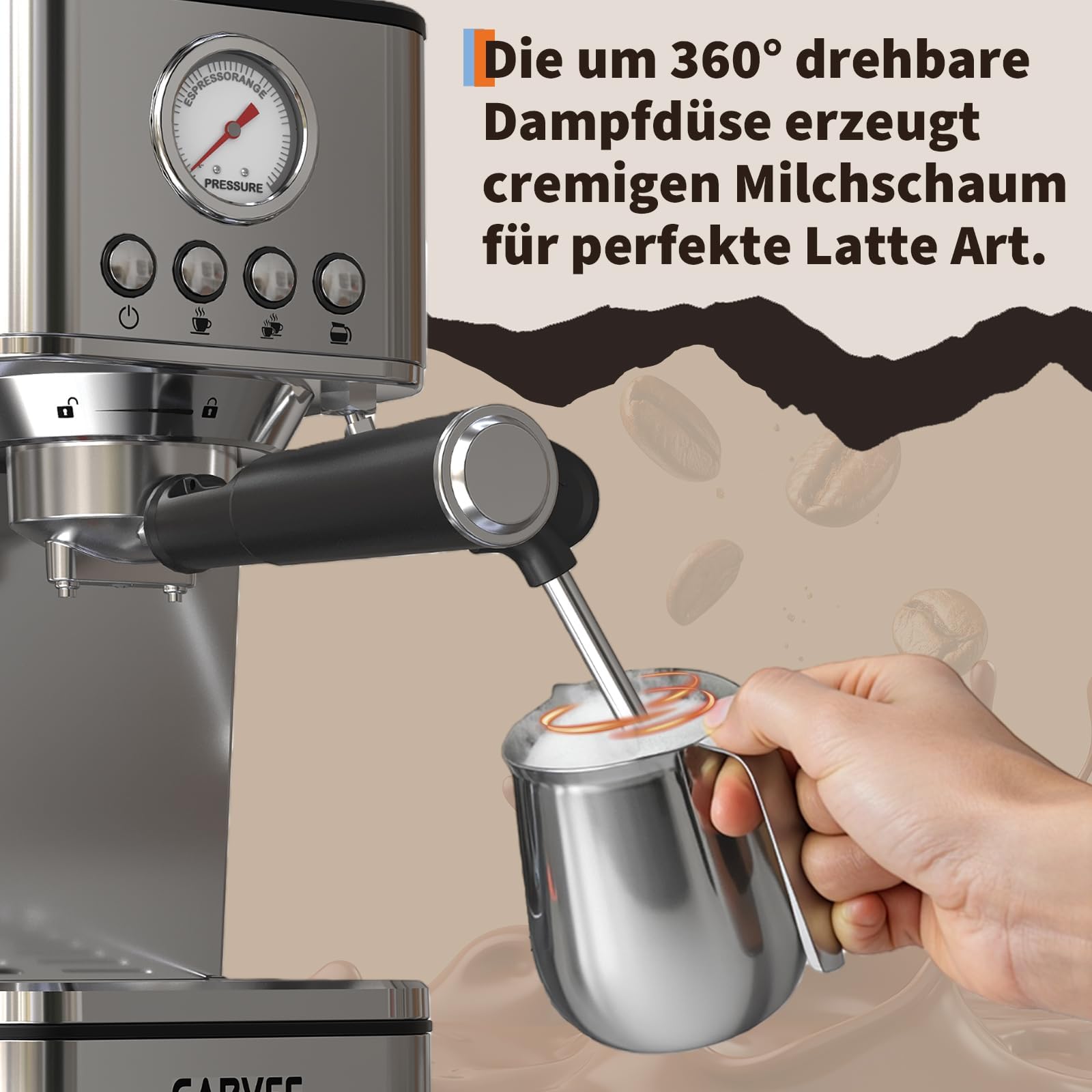 Acekool Cafetera cafetera italiana semiautomática 20 bares – Calentamiento rápido por termobloque – Depósito de agua 1,7L – Vaporizador de leche 360° – Acero inoxidable – Diseño compacto europeo –