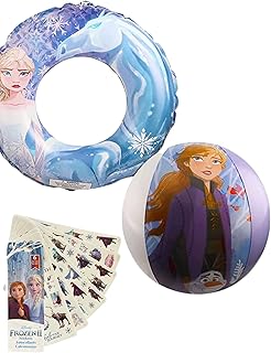 Frozen 2 Jumbo Beach Set Including 1 Inflatable Beach Ball, 1 Swim Ring Swim Tube, and 1 Pack of Frozen Stickers Featuring Anna, Elsa, and Olaf (Frozen Gift Set)