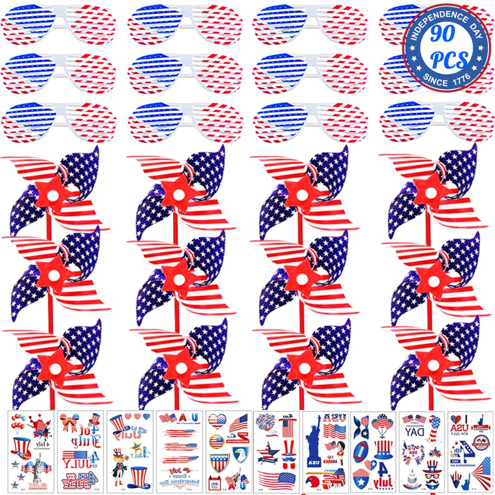 90 Pcs Patriotic Accessories of 12 Shutter Sunglasses, 12 Pinwheels and 66 Temporary Tattoos for 4th of July Celebration, Memorial Day Commemoration, Independence Day Party Favor Supplies